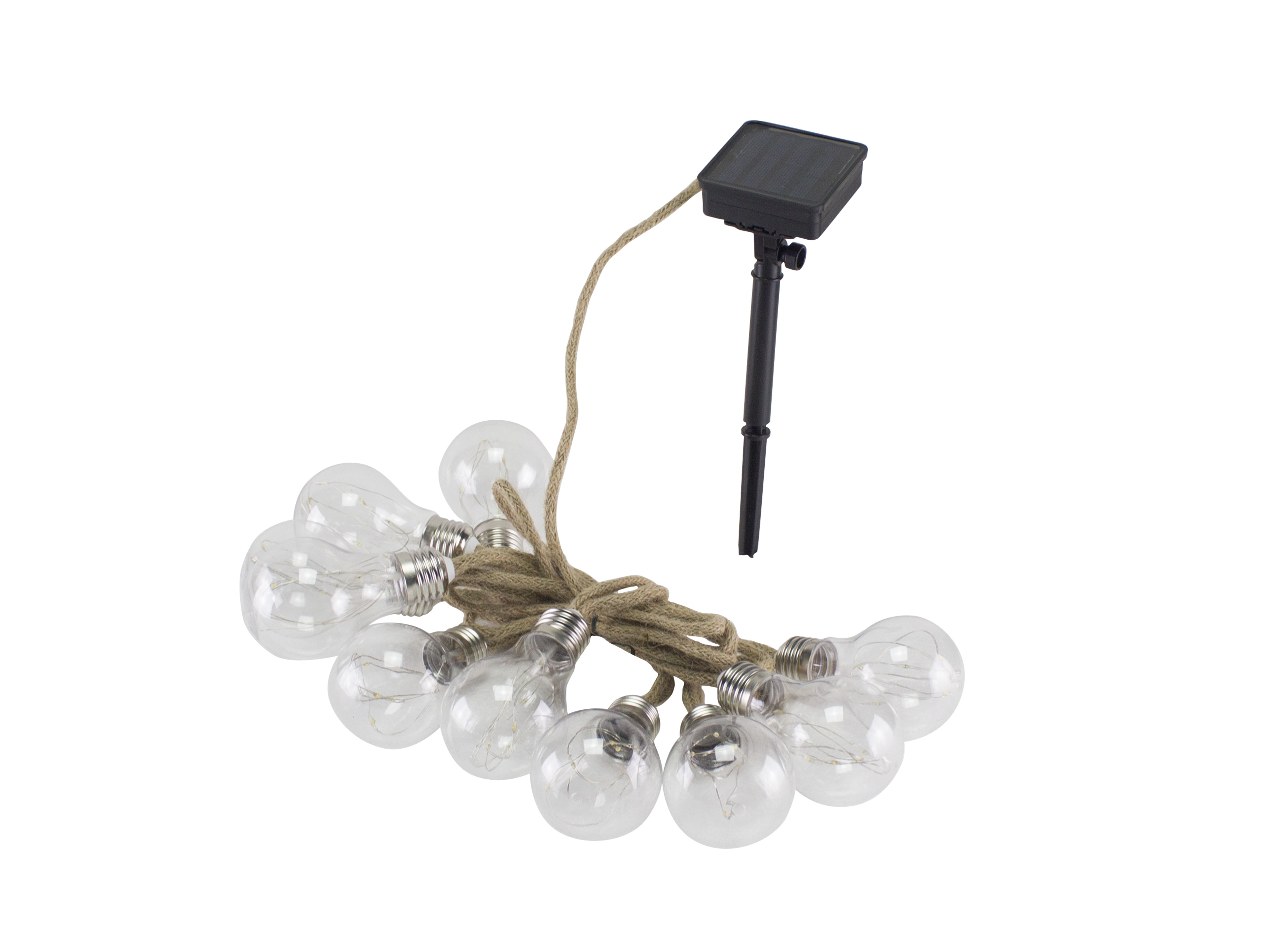 Luci a stringa solari con lampadine trasparenti. Un pannello solare e una corda legano le luci.