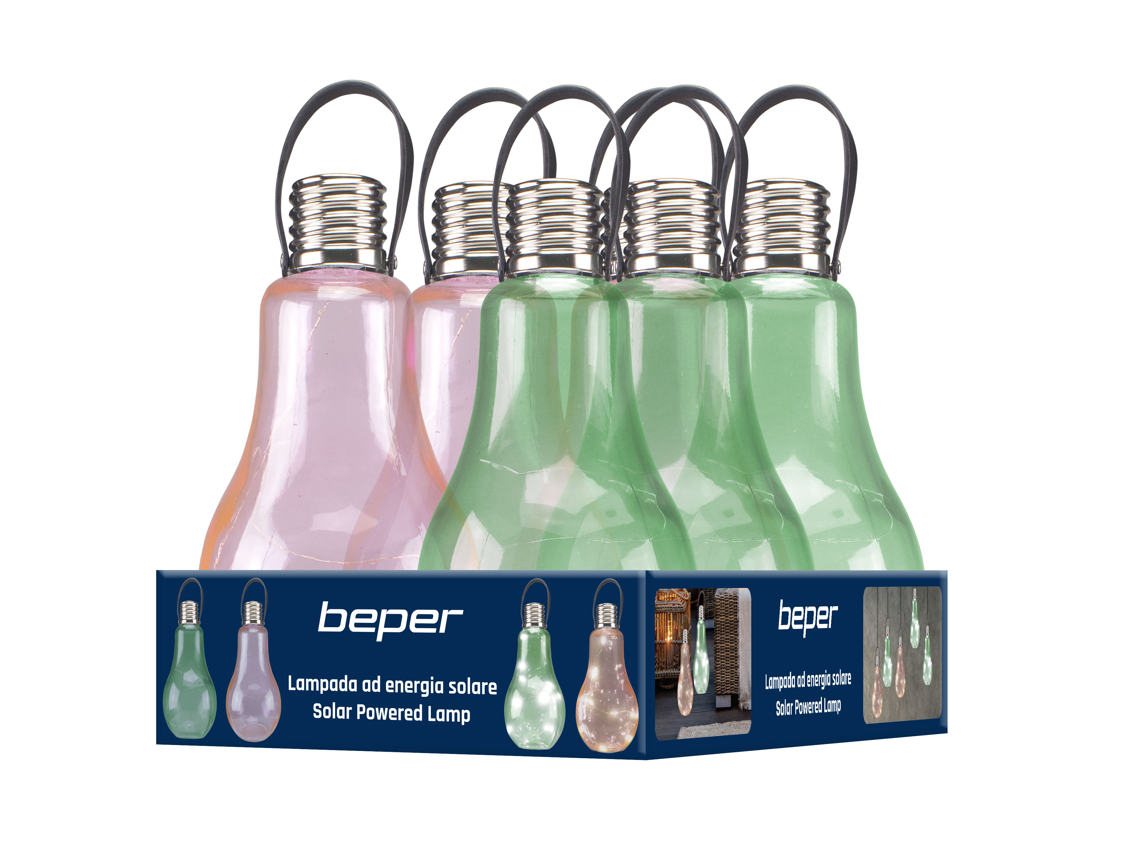 Diverse lampade a energia solare in una scatola. Le lampade hanno forme a campana e sono disponibili in rosa e verde. Il marchio è Beper.
