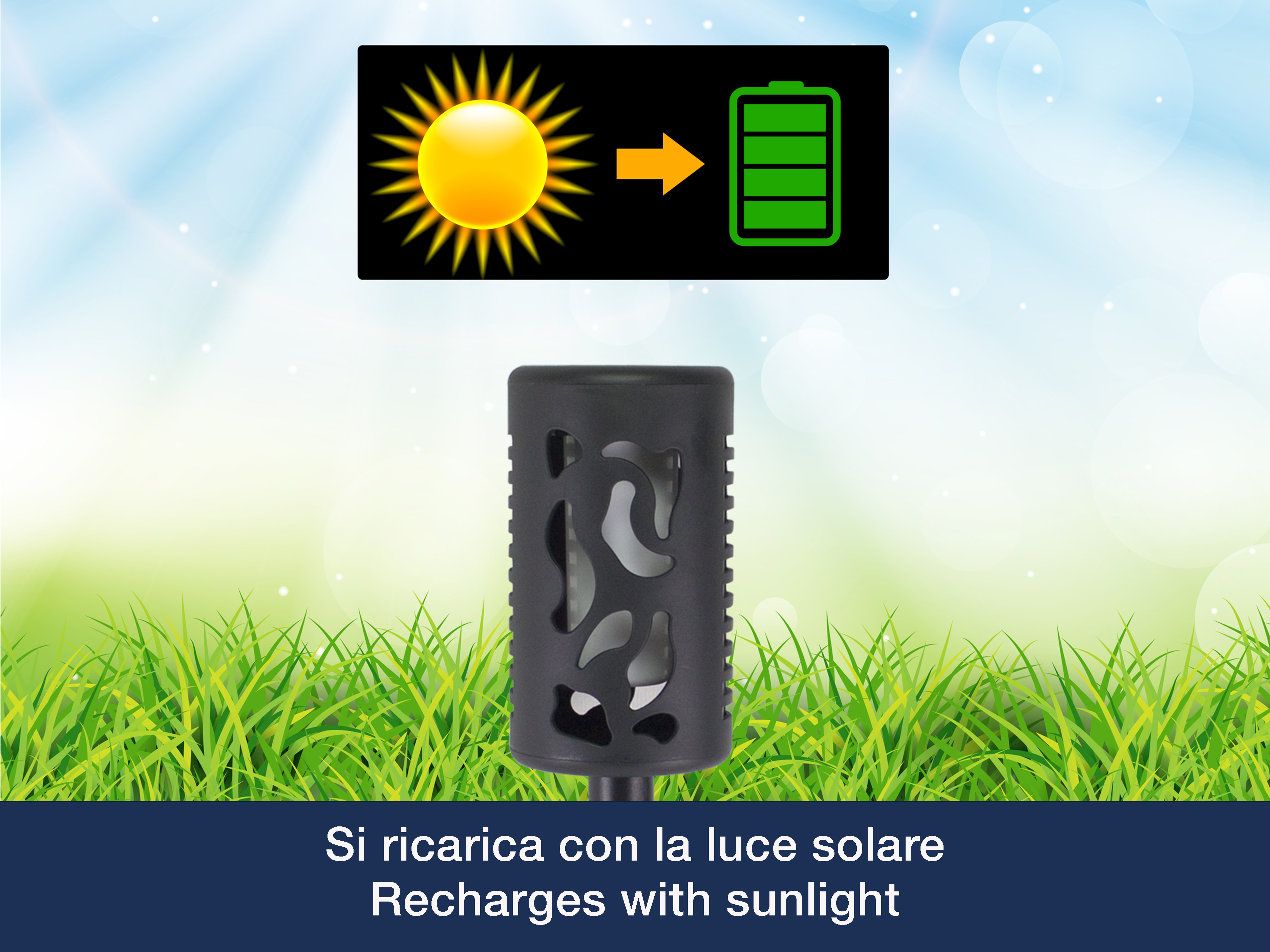 L'immagine mostra una lampada solare, un'icona del sole che carica una batteria ed erba verde.
