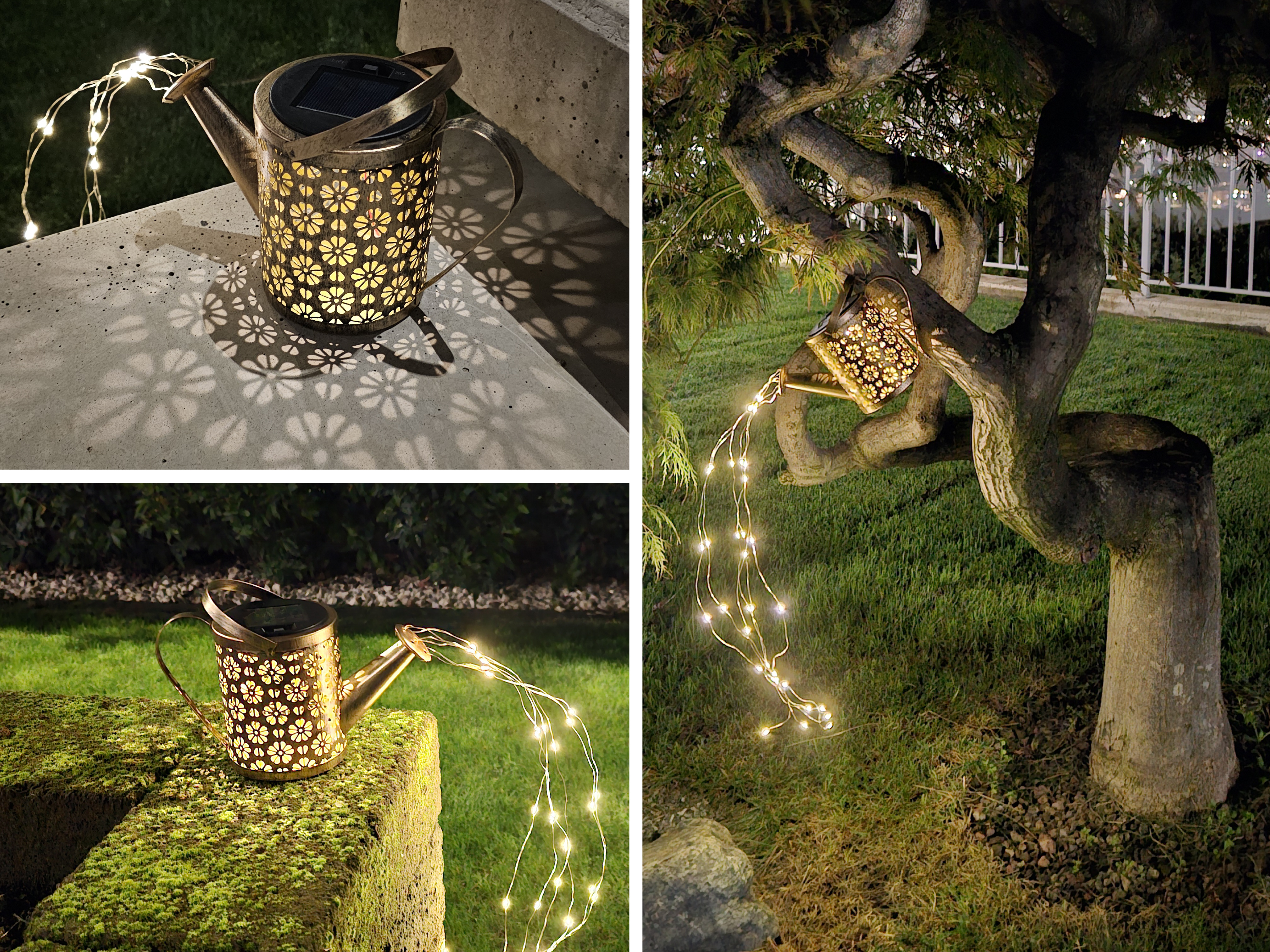 Un annaffiatoio decorativo con luci è posizionato su un albero, emettendo luce sull'erba e su una superficie di cemento.