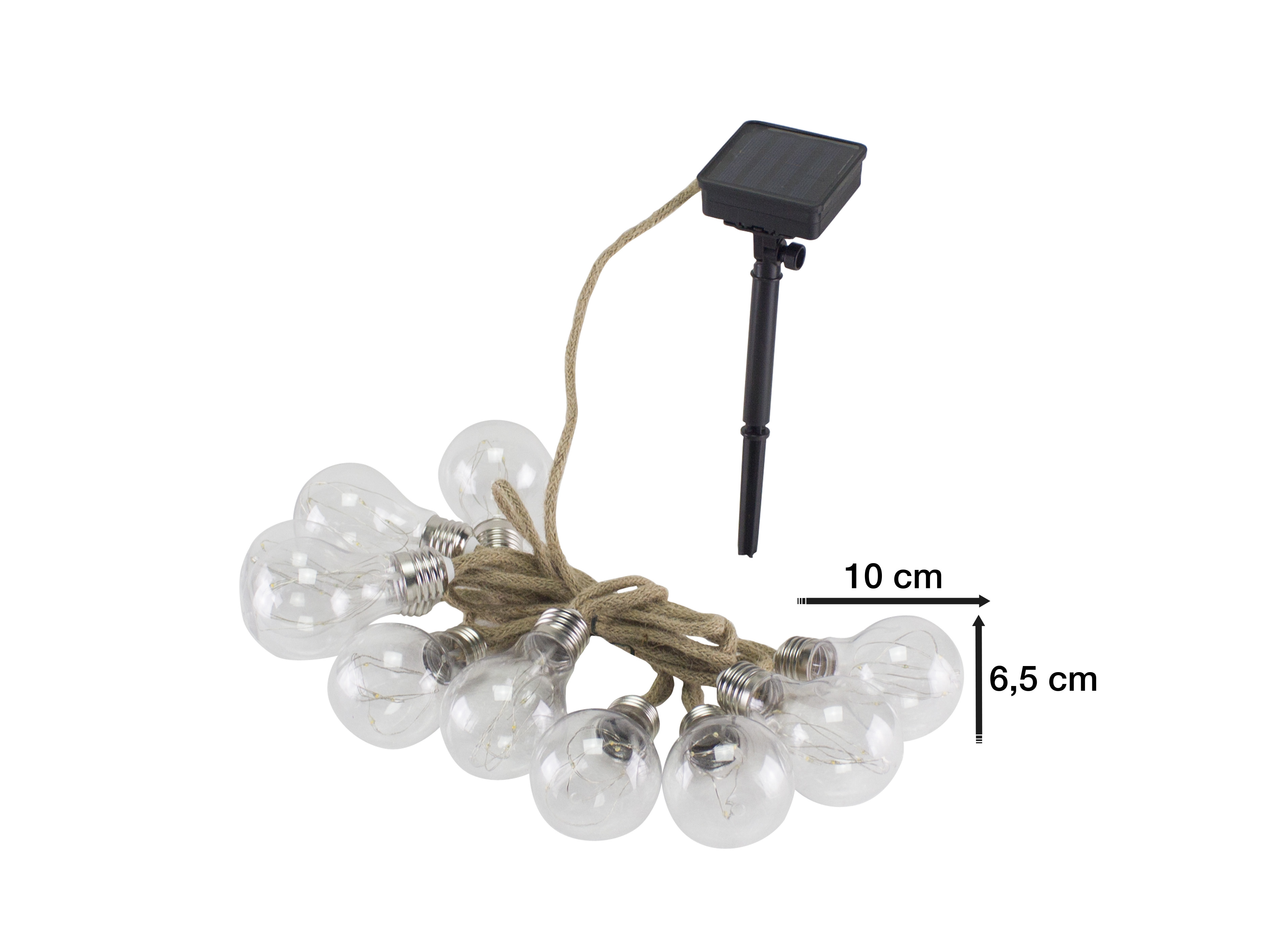 Fili di lampadine trasparenti con pannello solare, collegati da una corda. Dimensioni: 10 cm x 6,5 cm.