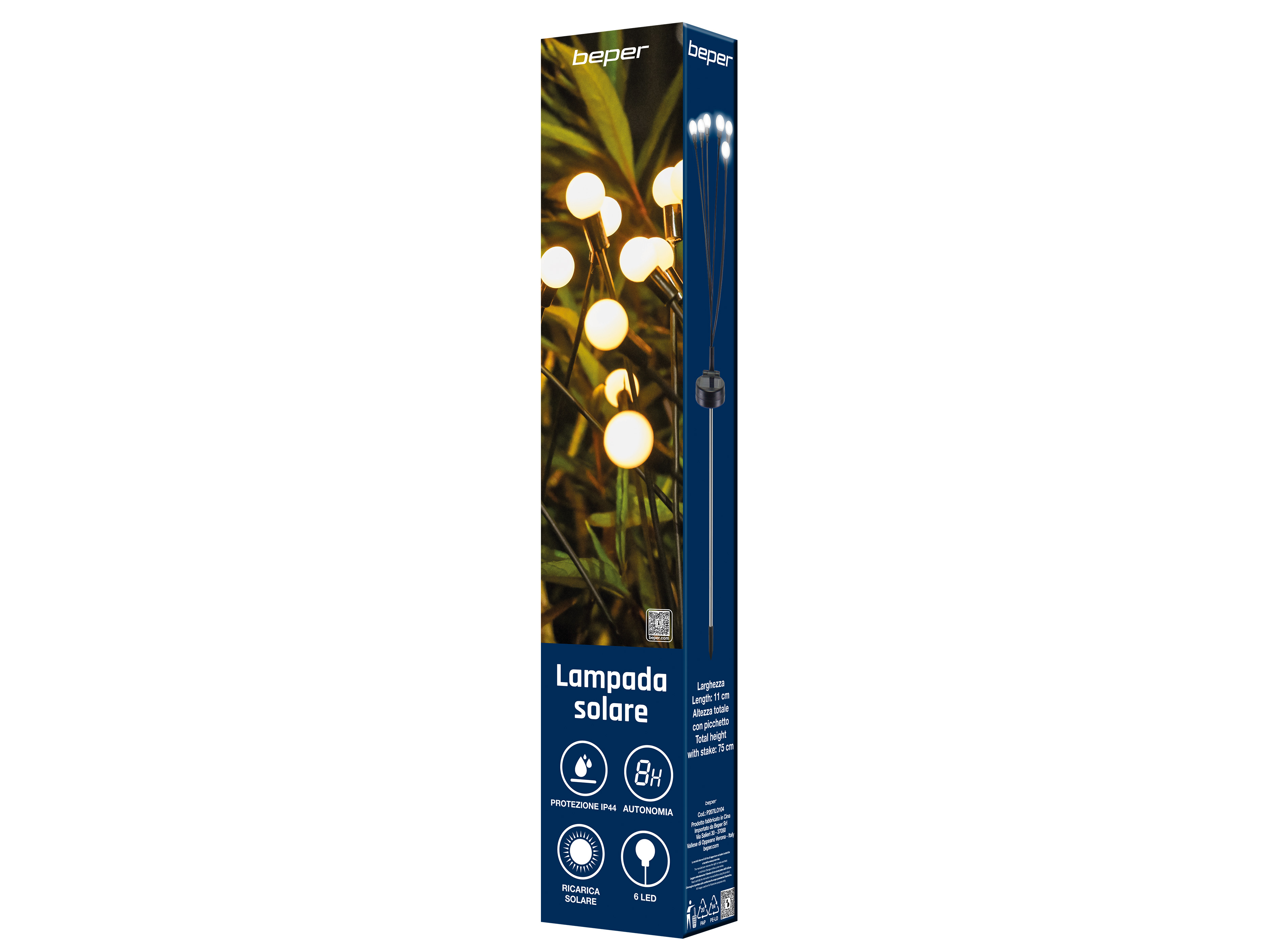 Una scatola con una lampada solare. La lampada ha diverse luci ed è in un ambiente verde.