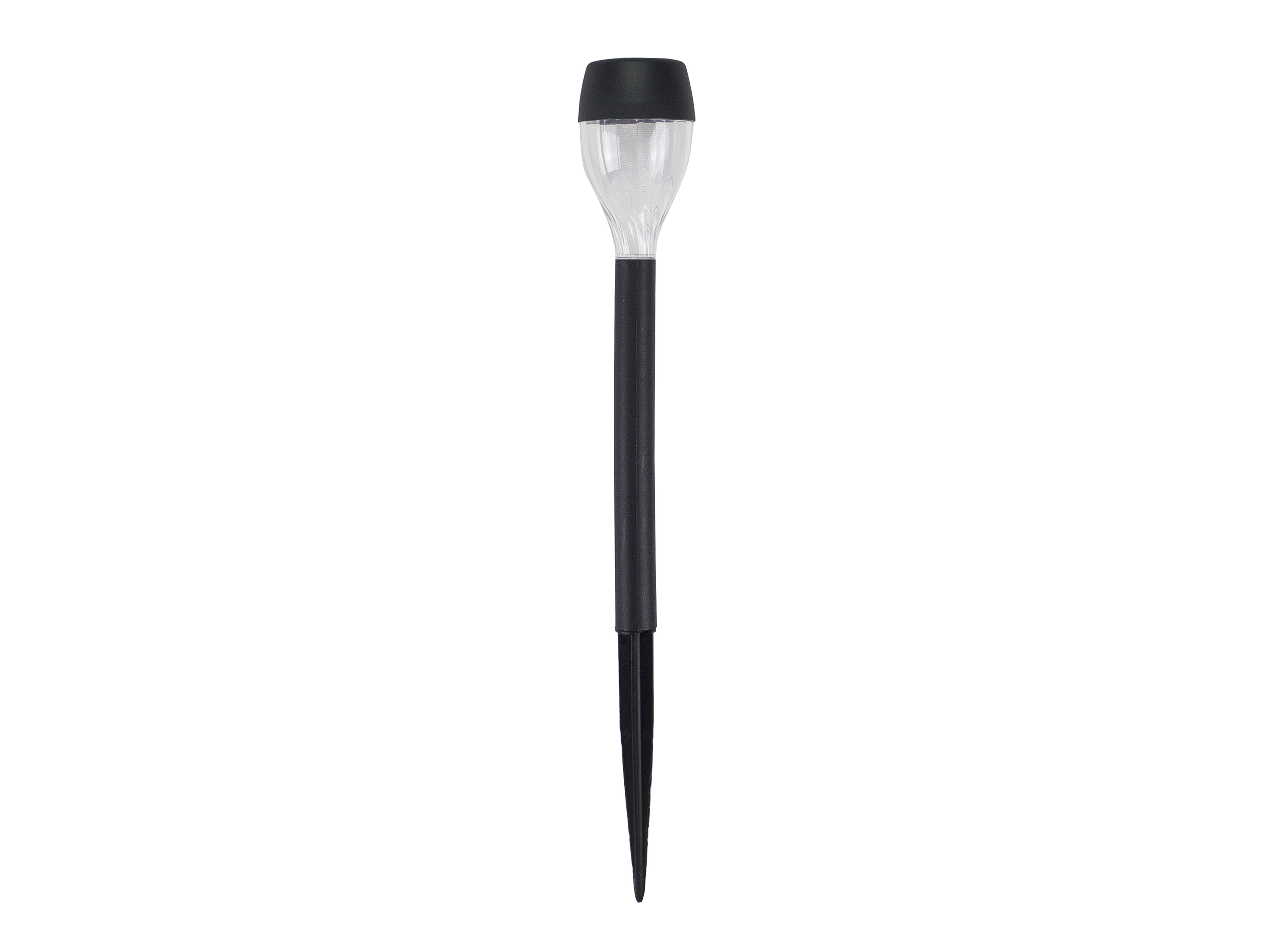 Una luce solare da giardino. Ha una parte superiore nera, una sezione in plastica trasparente e un picchetto nero.