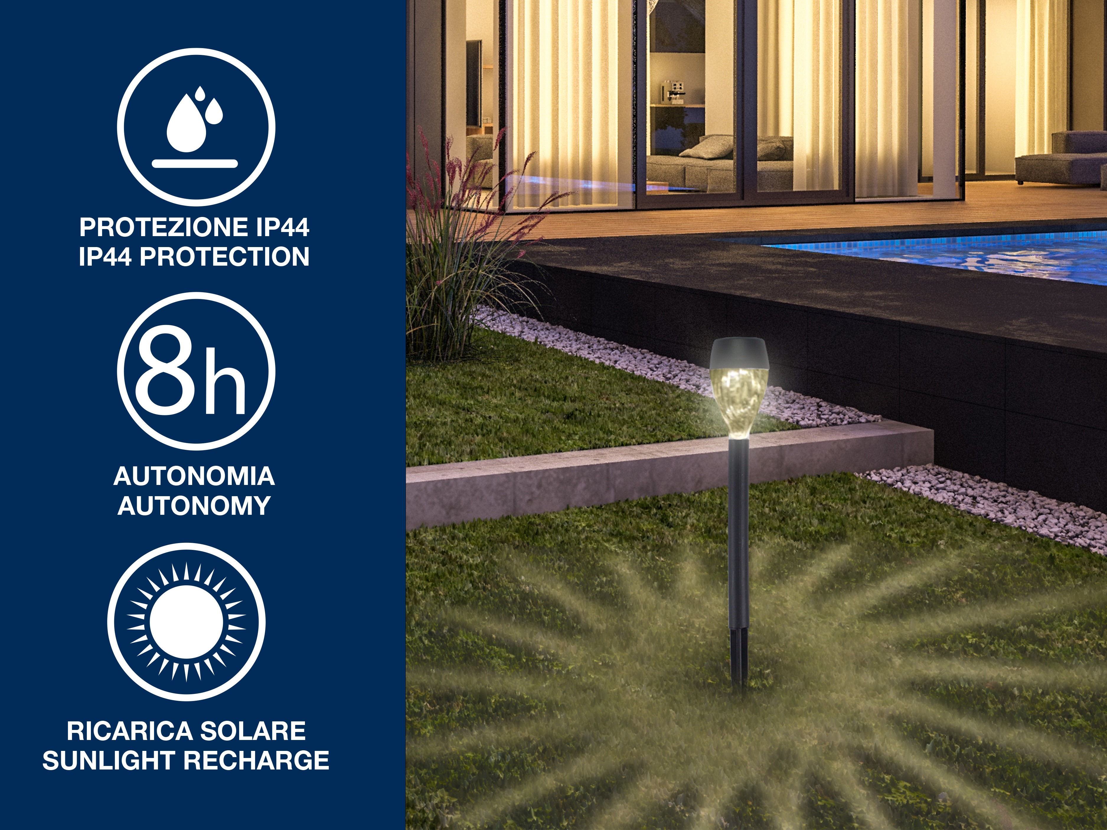 Una luce solare da giardino illumina un prato verde. Il testo mostra IP44, 8 ore di autonomia e ricarica solare.
