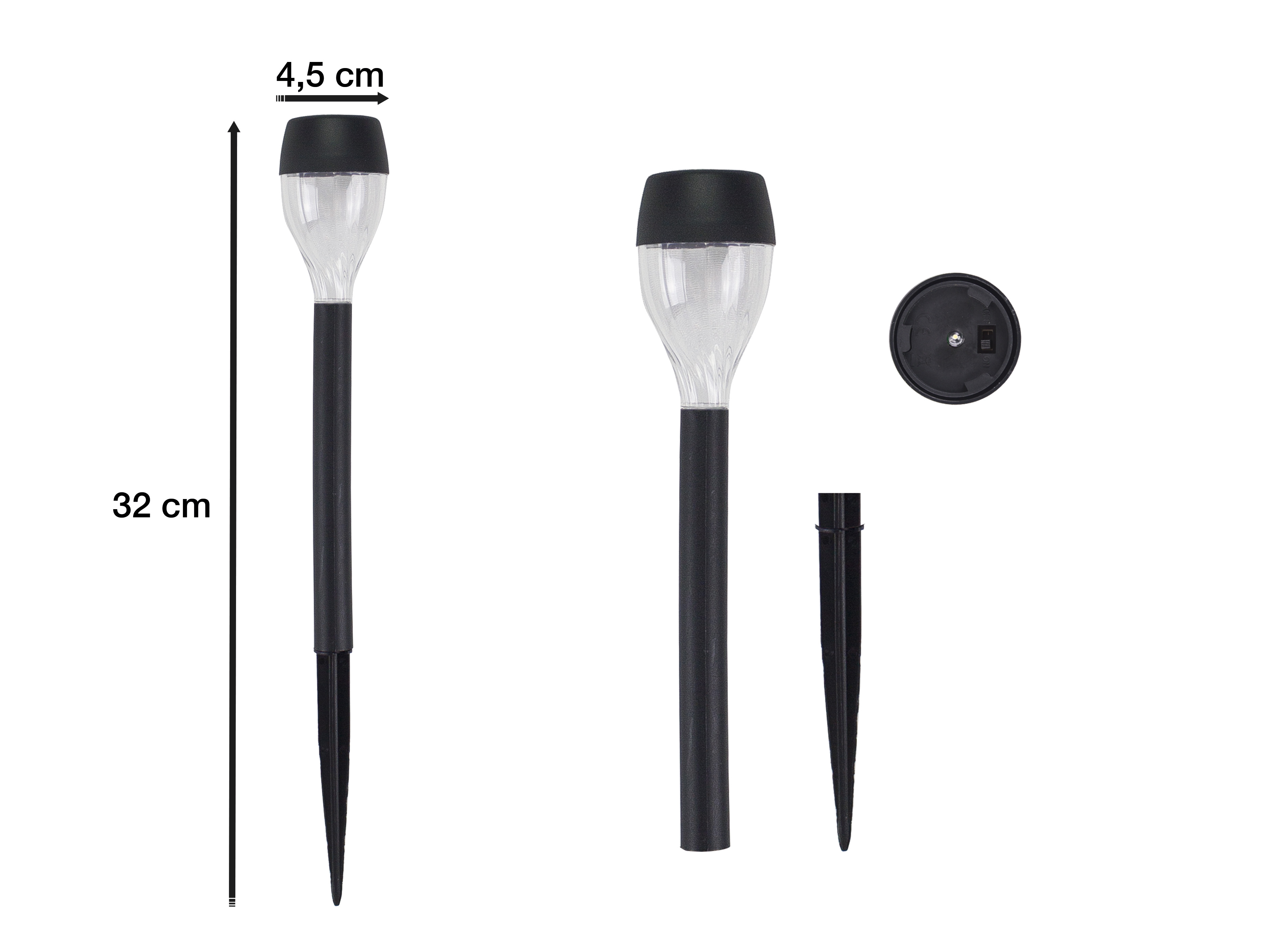 Lampade solari da giardino con top e steli neri, diffusori di luce trasparenti. Parti separate.