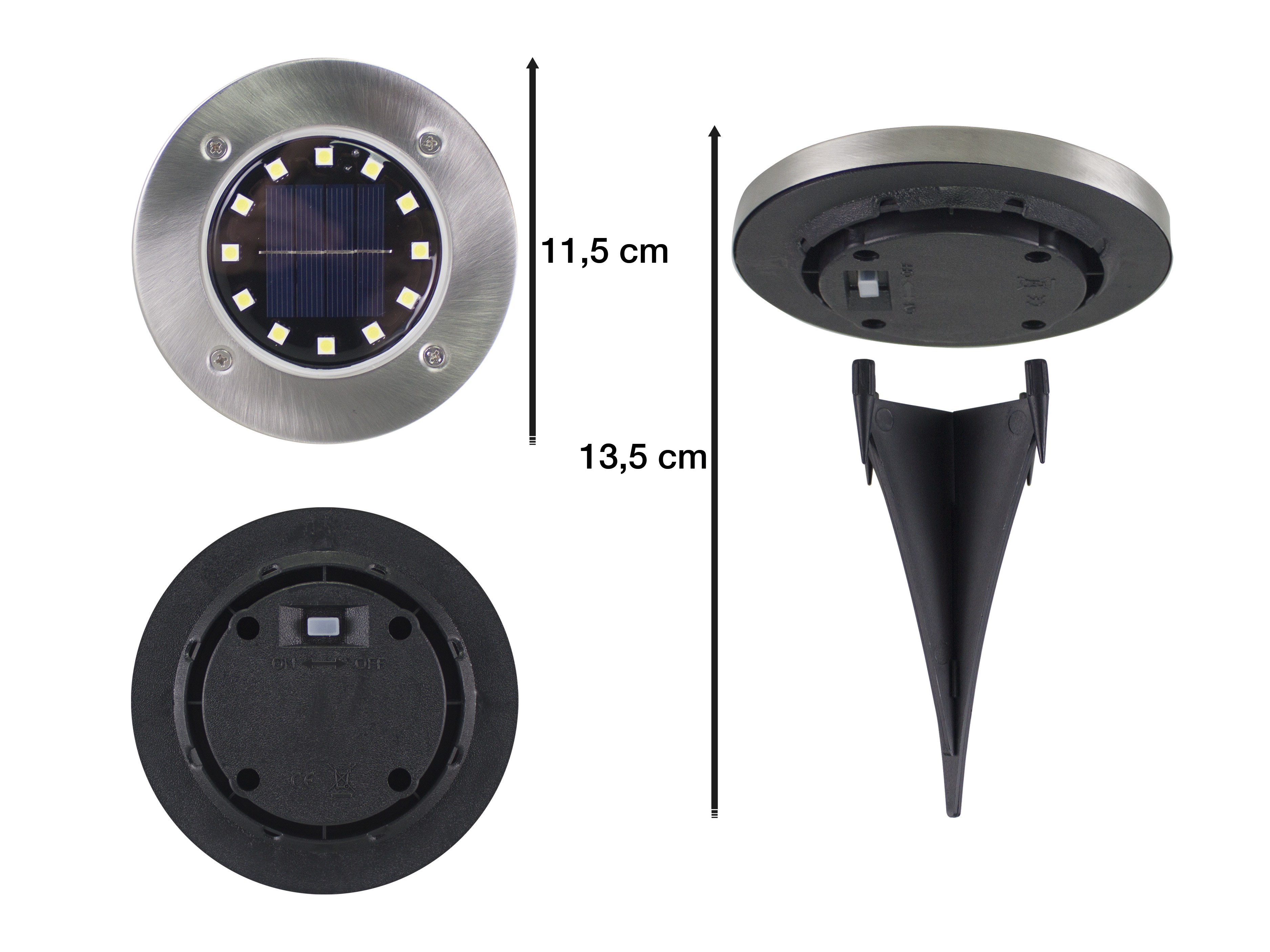Componenti luce solare da giardino: parte superiore con LED, base e paletto. Dimensioni: 11,5 cm e 13,5 cm. Argento e nero.