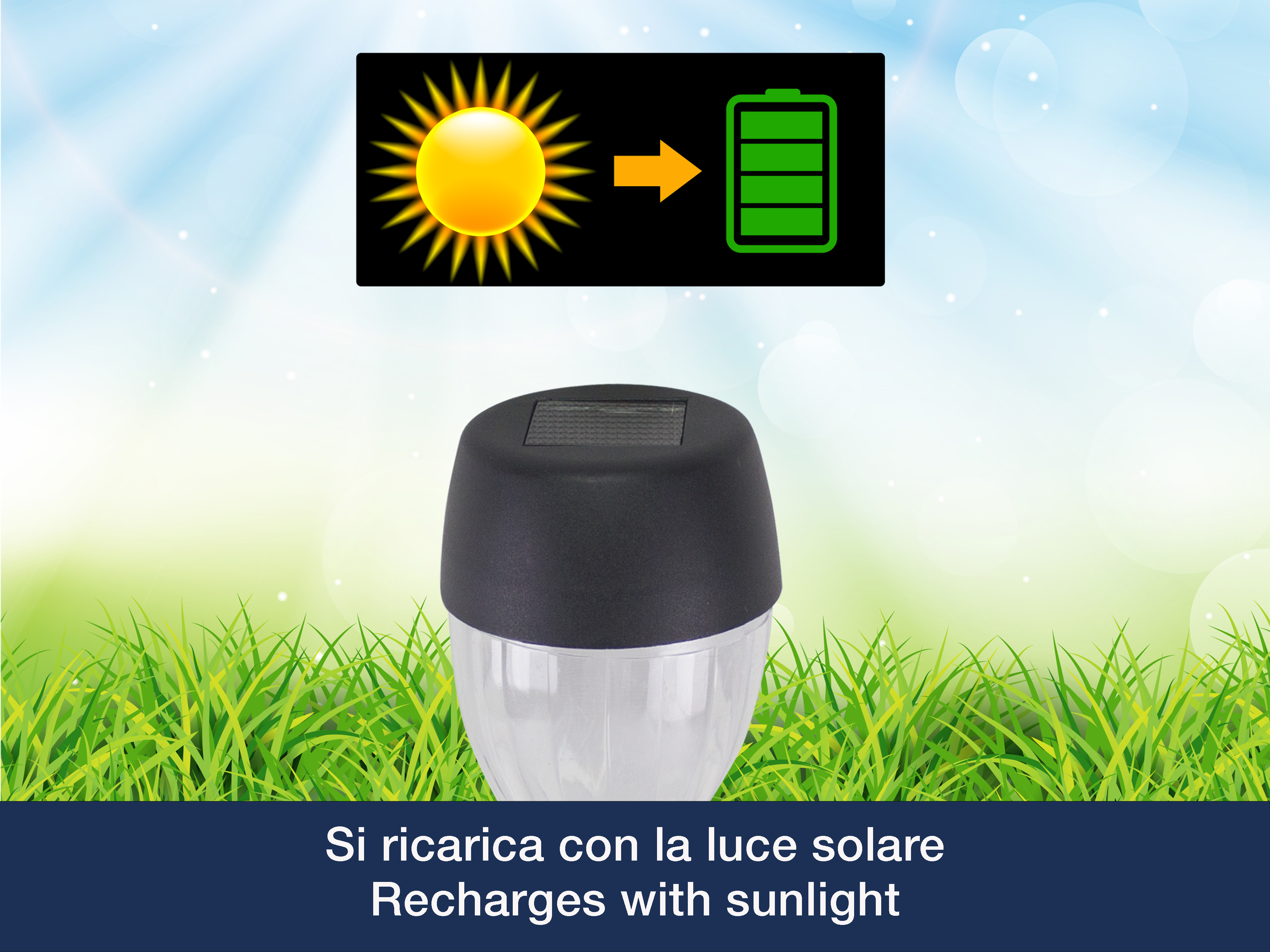 Una luce solare con simbolo del sole, freccia e icona della batteria. Testo: "Si ricarica con la luce solare".