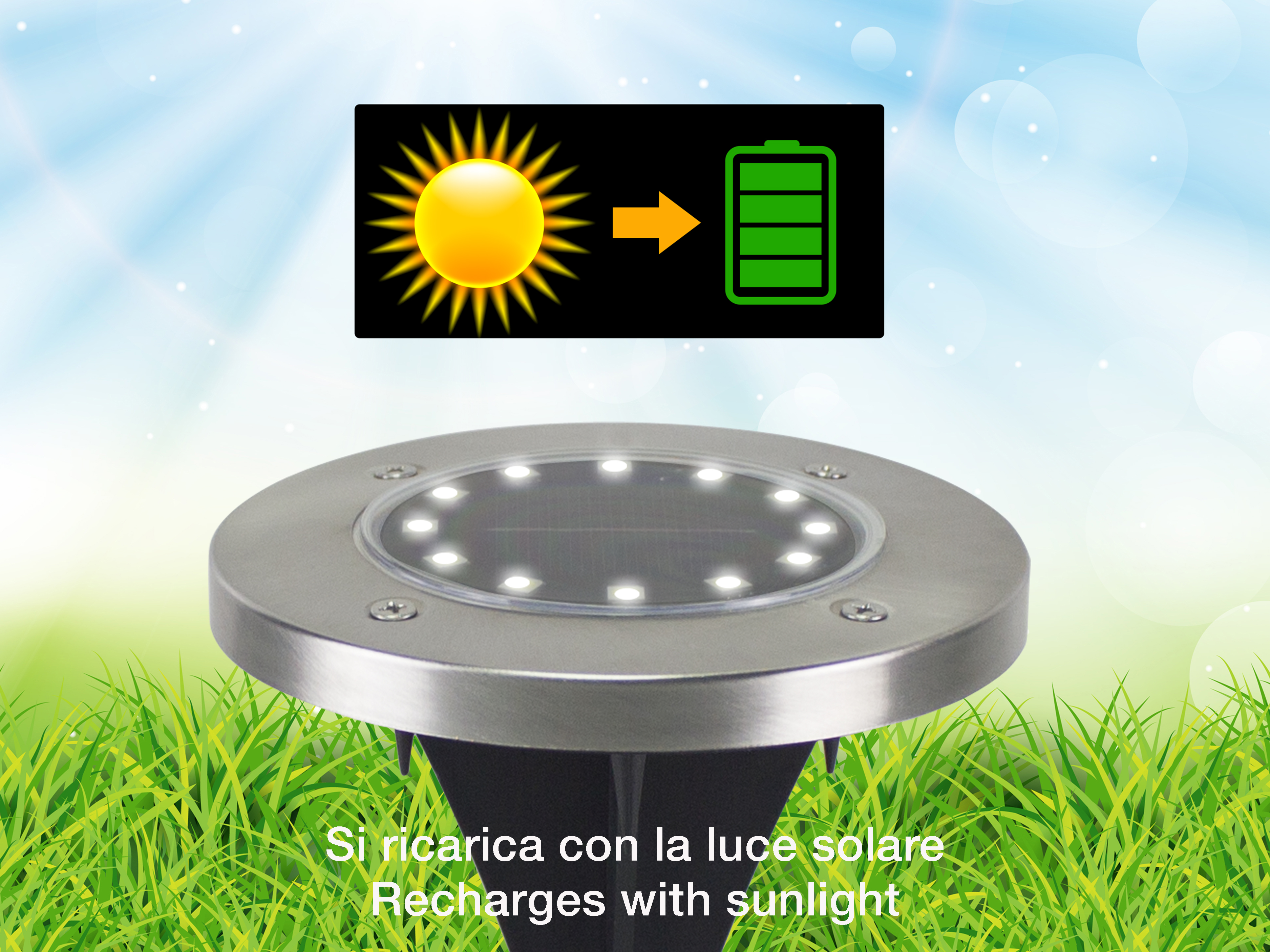 Luce solare con icona sole-batteria. Testo: Si ricarica con la luce solare. Erba verde e cielo blu sullo sfondo.