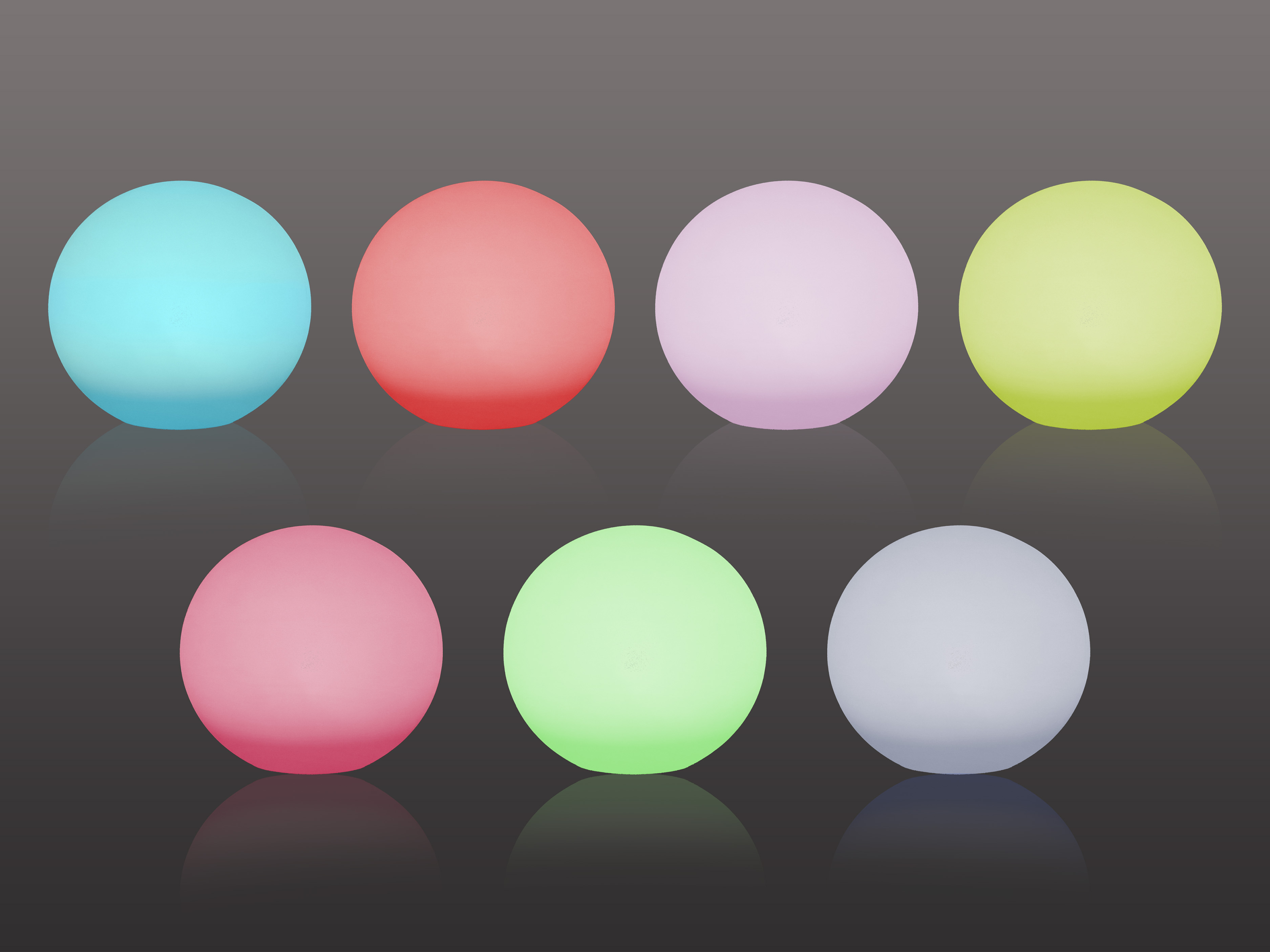 Otto sfere luminose di vari colori disposte su due file su sfondo scuro, con riflessi sottostanti.