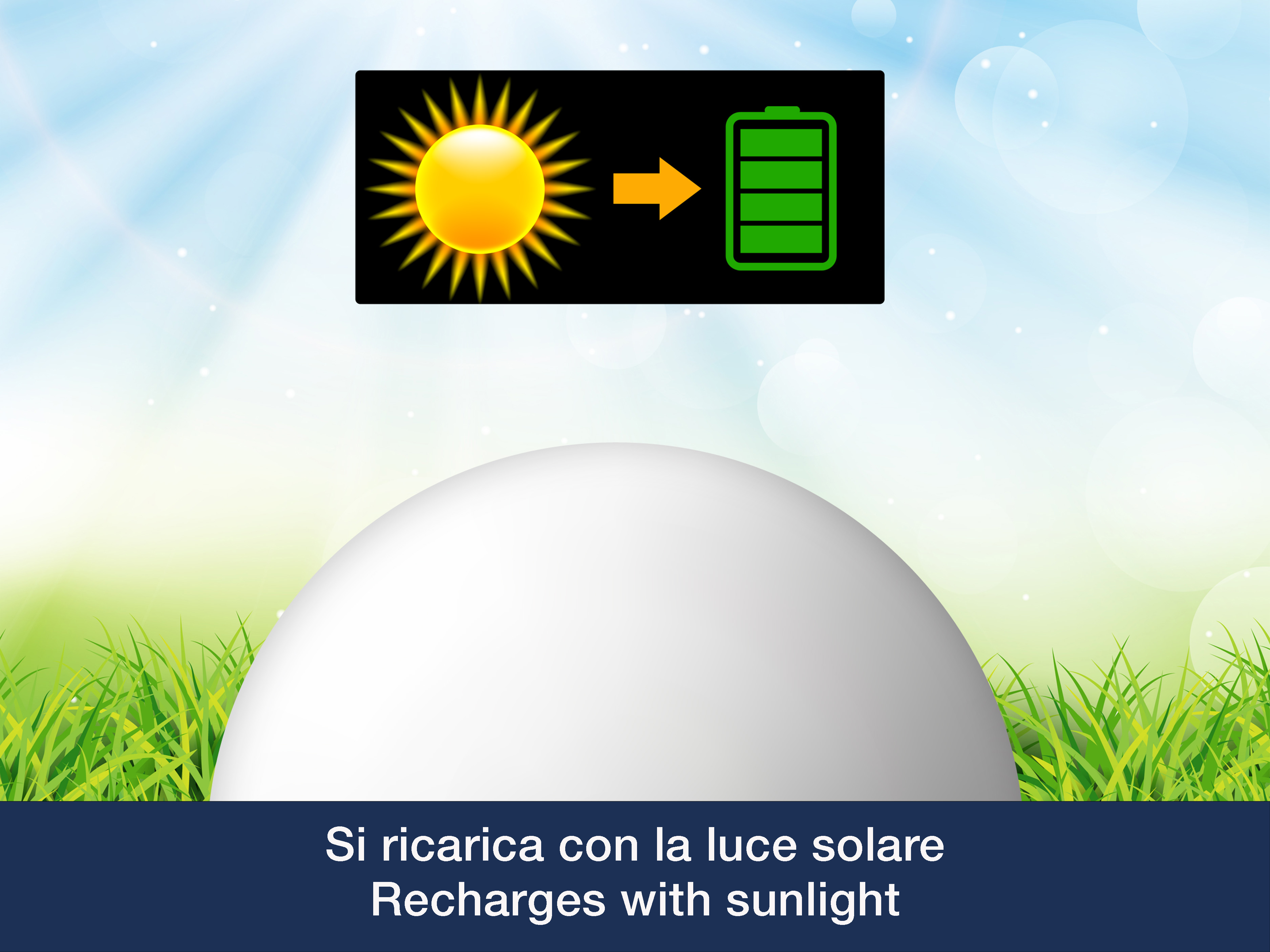 Un sole carica una batteria, concetto di luce solare. Erba e sfera in primo piano, cielo blu di sfondo.