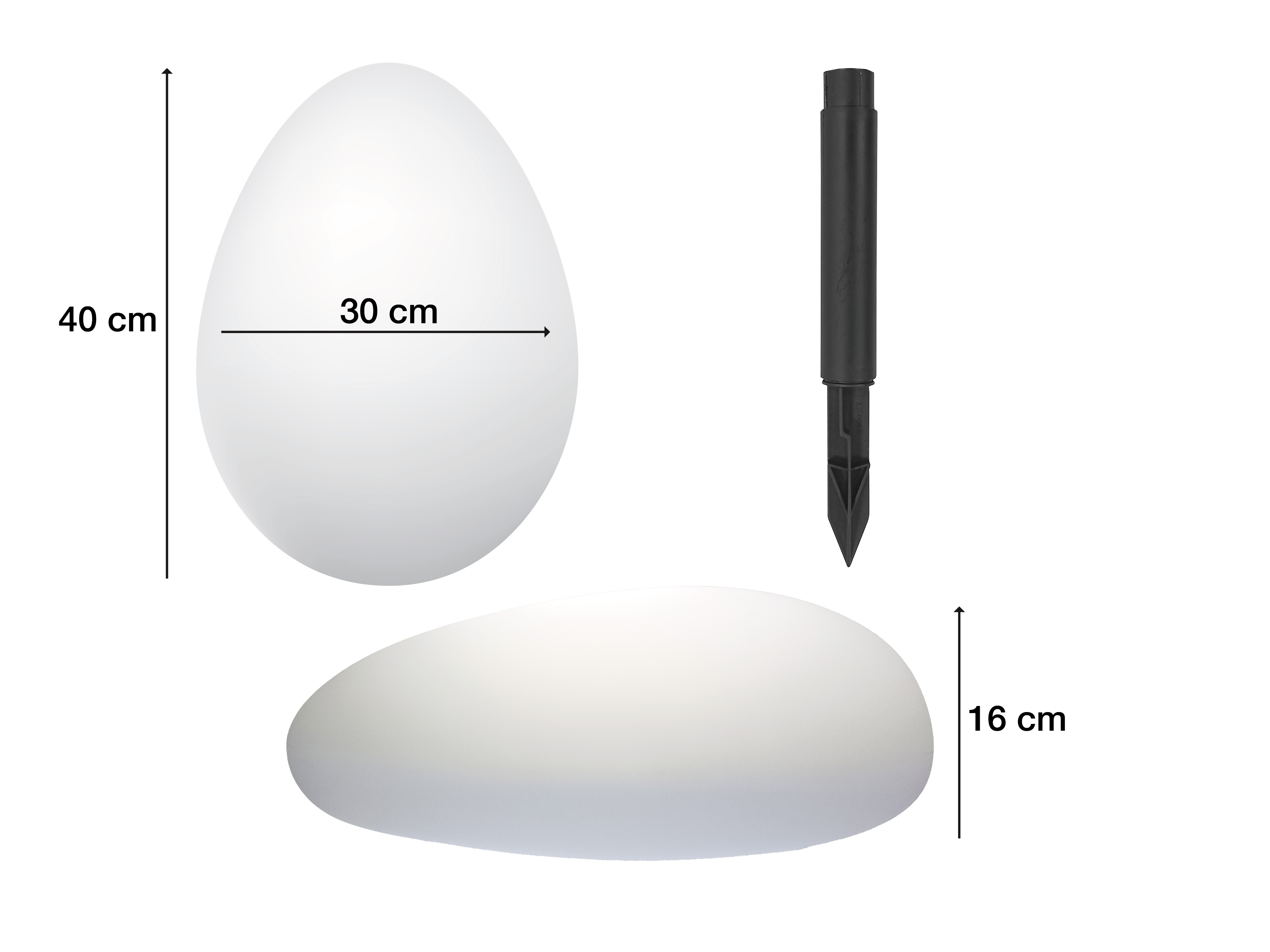 L'immagine mostra un uovo bianco, alto 40 cm e largo 30 cm, un paletto nero e una forma ovale bianca e piatta, alta 16 cm.