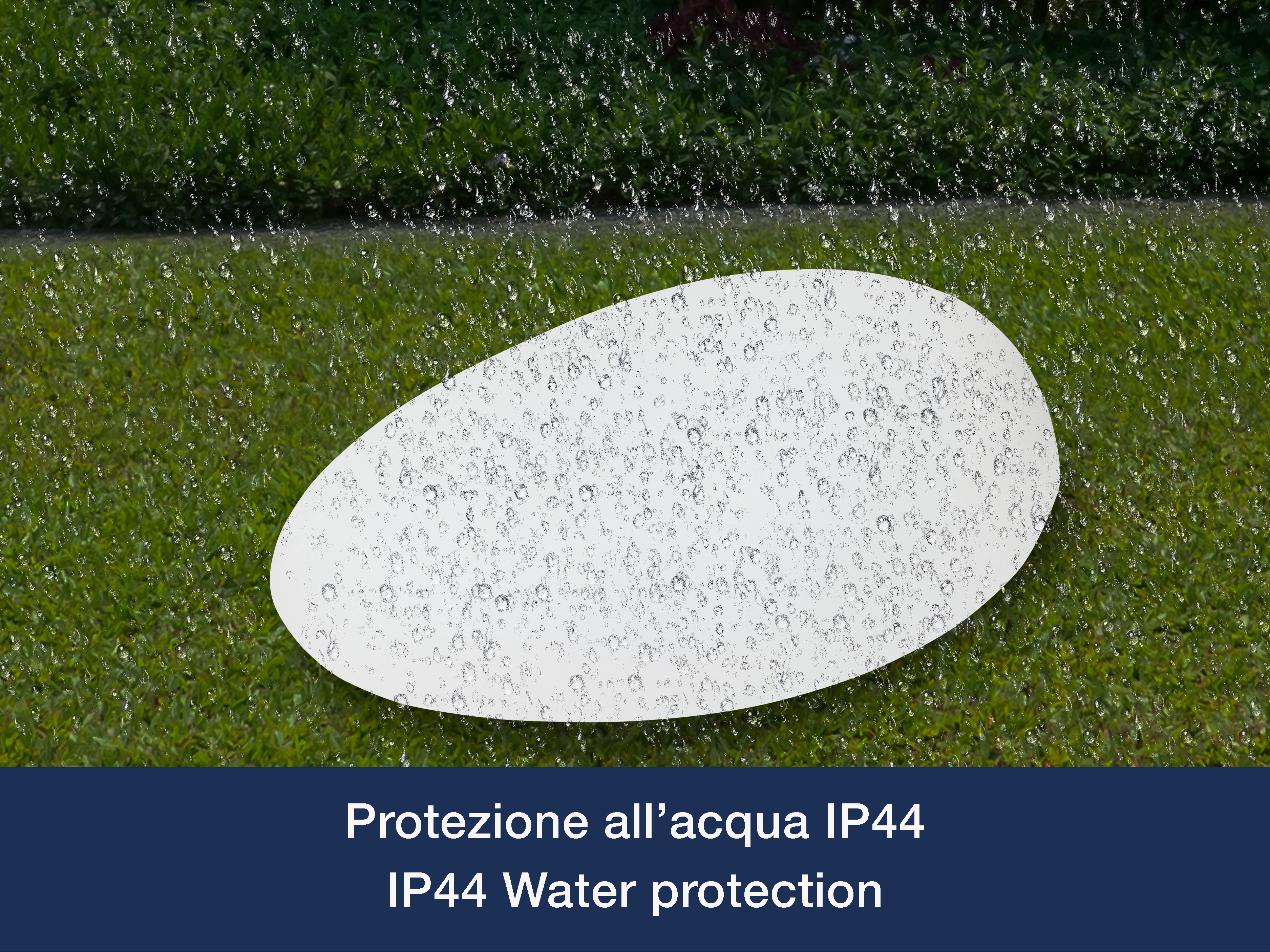 Una forma ovale bianca con gocce d'acqua, su sfondo di erba verde. Testo: protezione IP44 dall'acqua.