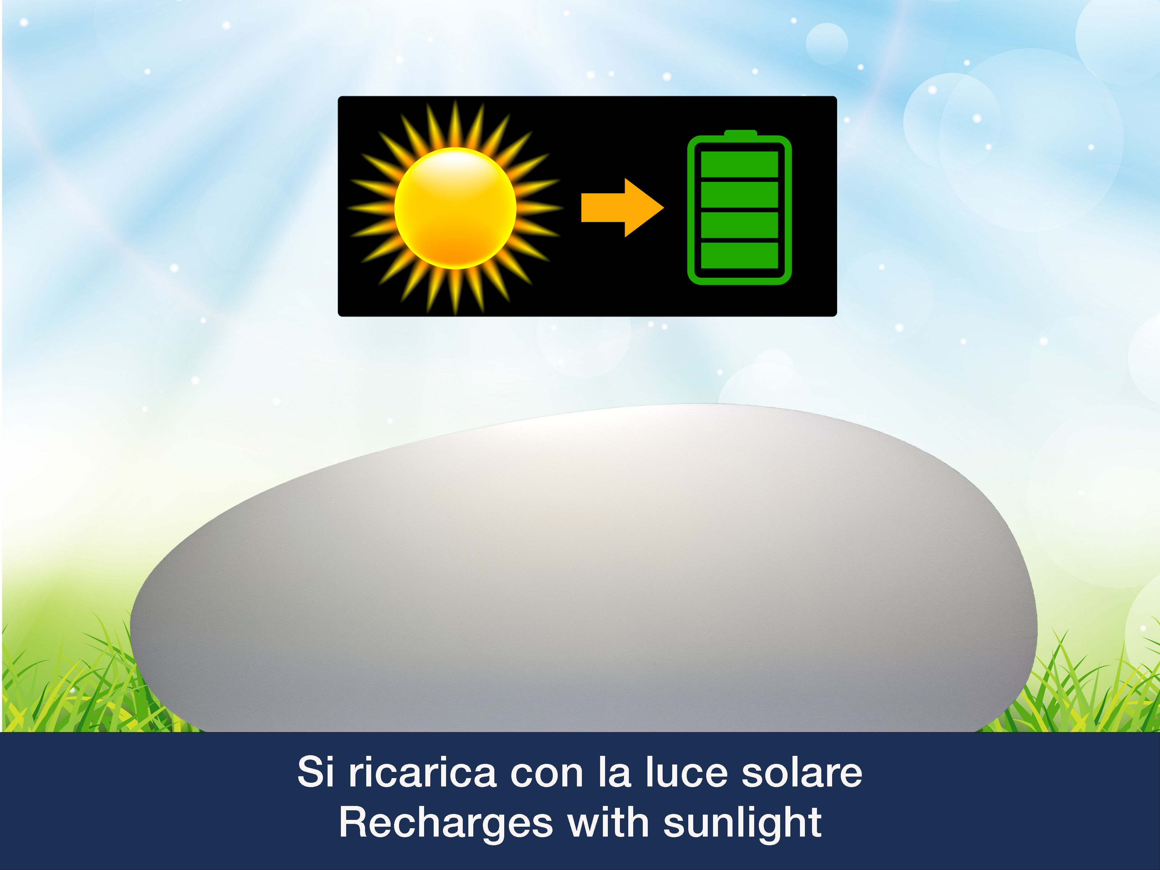 Immagine mostra sole che carica una batteria. Testo: Si ricarica con la luce solare.