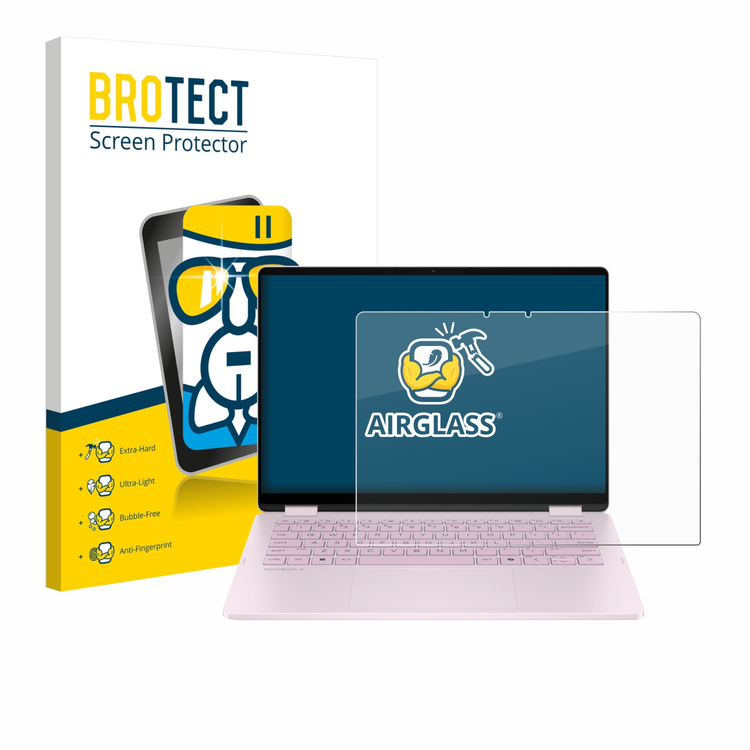 Ein Laptop mit Displayschutzfolie, eine Schachtel mit dem Branding der Displayschutzfolie befindet sich links. Der Laptop ist rosa.