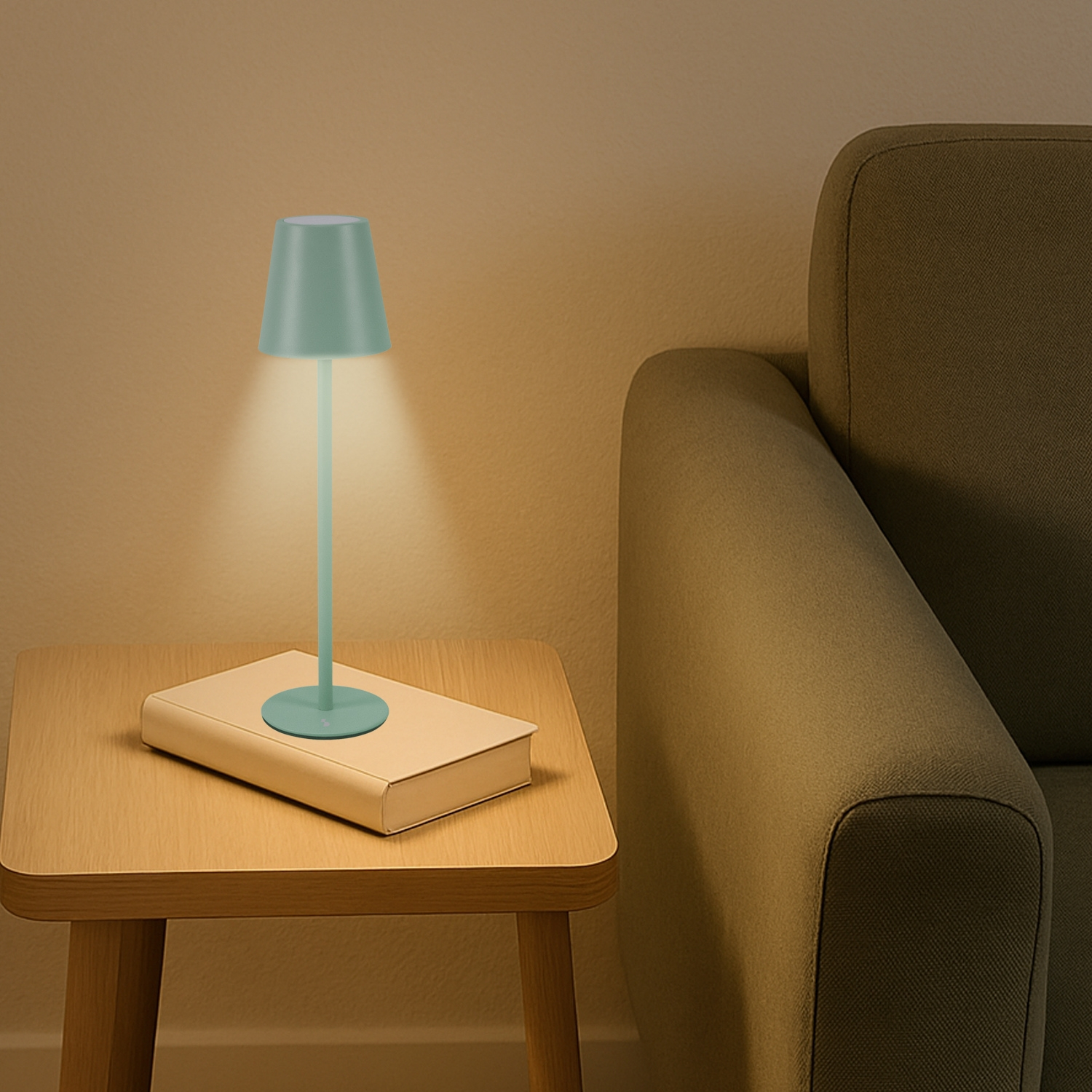 Una lampada turchese è su un libro su un tavolo di legno. Un divano verde è sul lato destro. La lampada è accesa, che illumina.