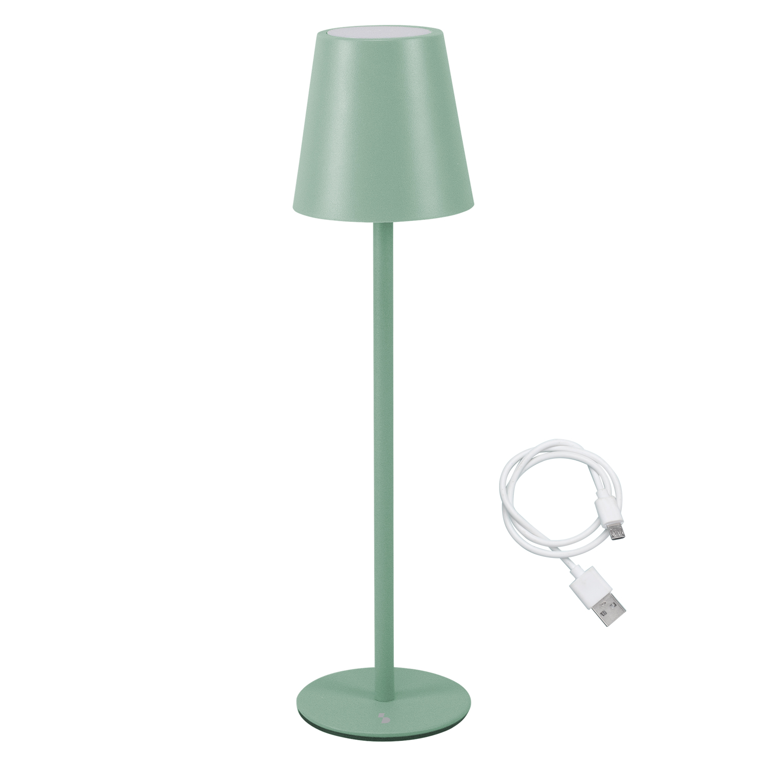 Una lampada da tavolo verde menta con cavo USB bianco su sfondo bianco. La lampada ha una base cilindrica e un paralume a forma di cono.