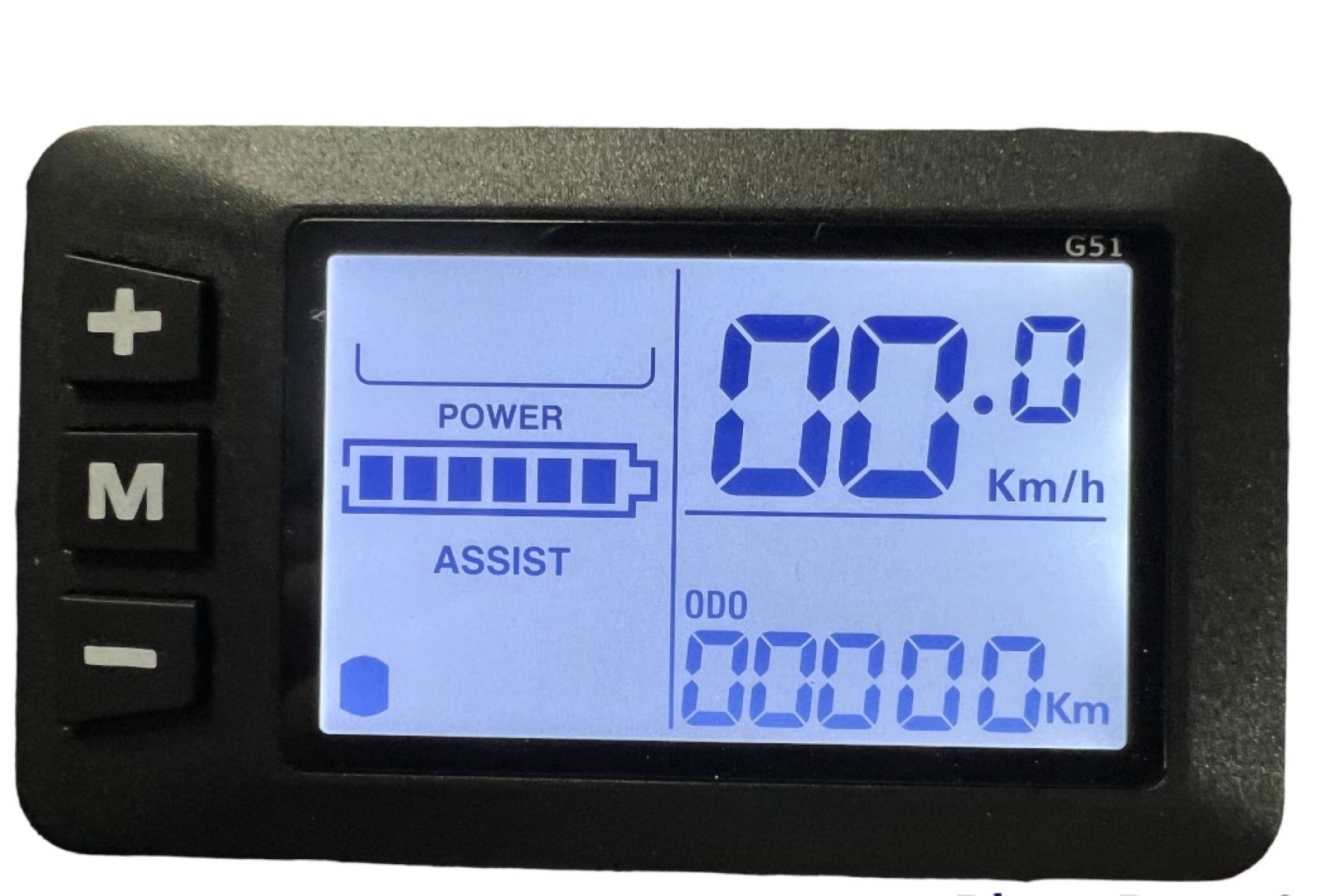 Un display digitale nero mostra la velocità, il livello della batteria e il chilometraggio. I pulsanti più, meno e modalità sono a sinistra.