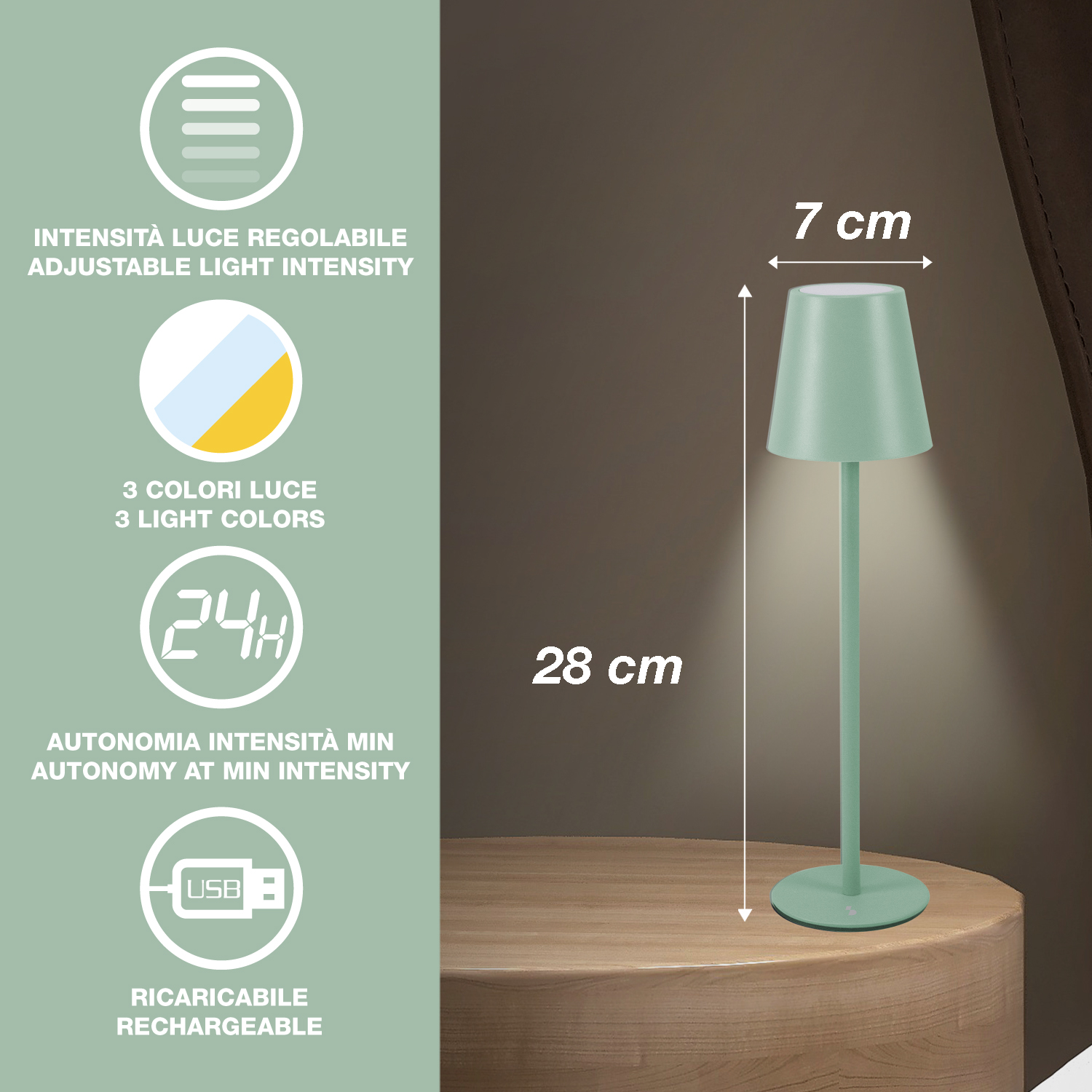 Una lampada da tavolo verde menta con paralume da 7 cm e altezza 28 cm. Ha intensità luminosa regolabile, 3 colori luce ed è ricaricabile.