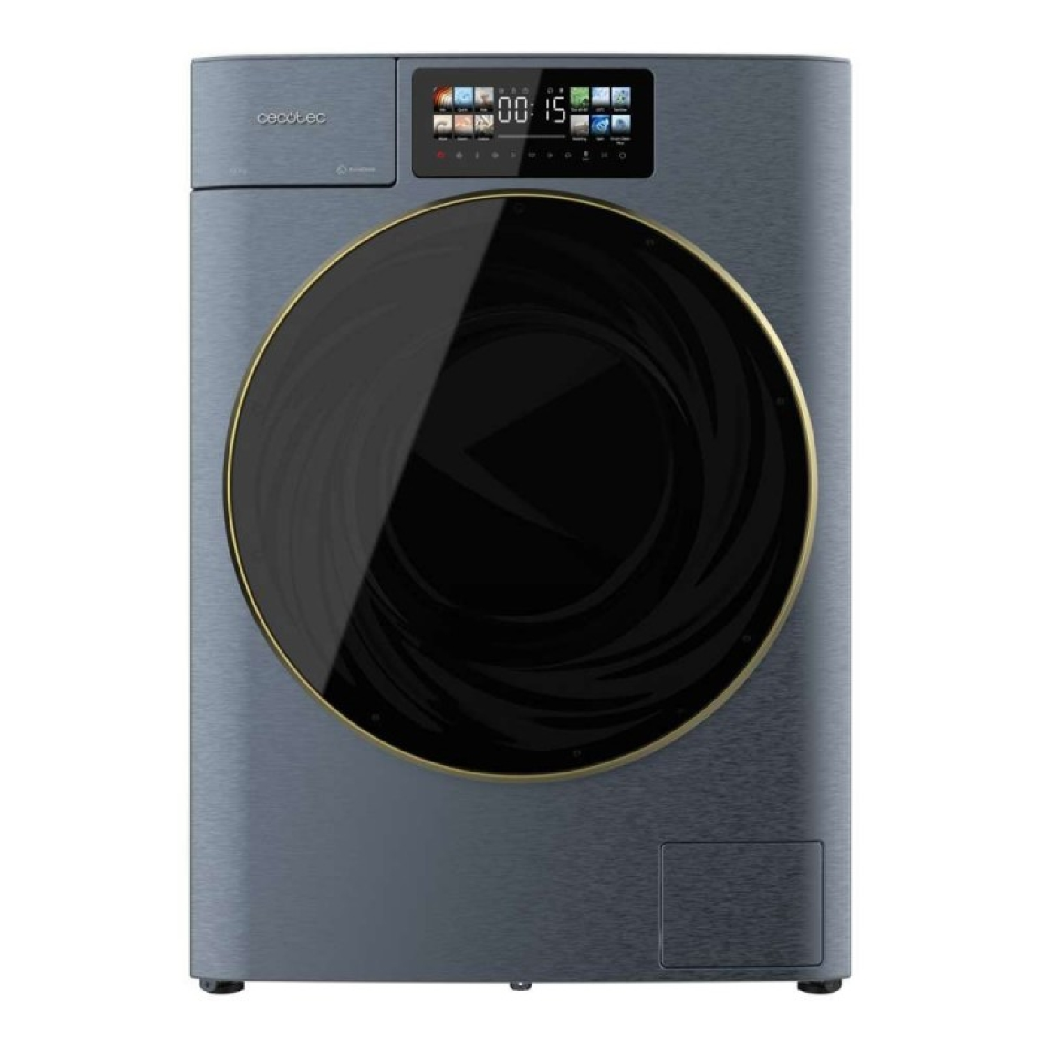 Lavadora moderna con puerta de vidrio oscuro con borde dorado. Tiene pantalla digital y acabado gris metálico.