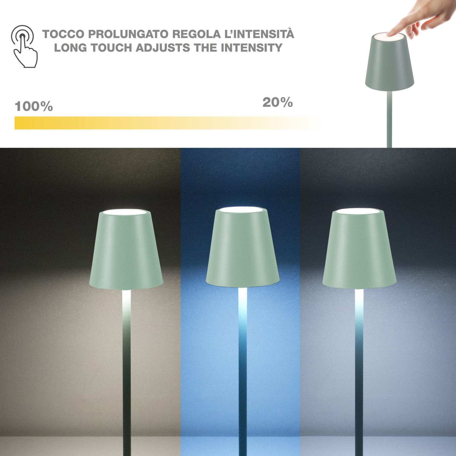 L'immagine mostra una lampada con diverse intensità luminose. Una mano tocca la lampada. Testi e diagrammi illustrano la regolazione.