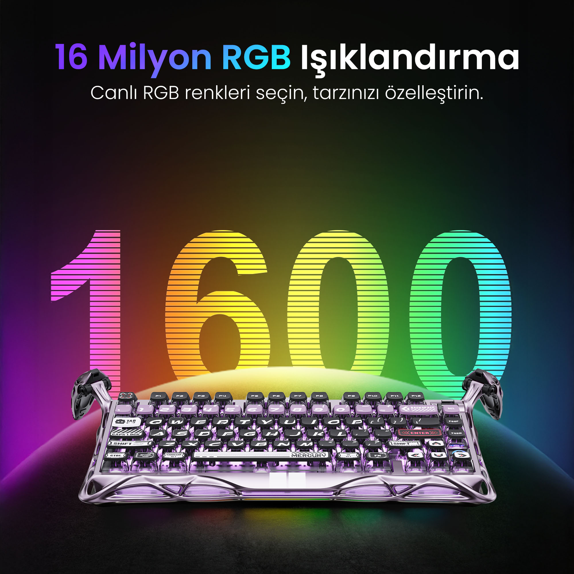 Klawiatura z podświetleniem RGB przed liczbą 1600. Klawiatura ma srebrną ramkę i czarne klawisze.