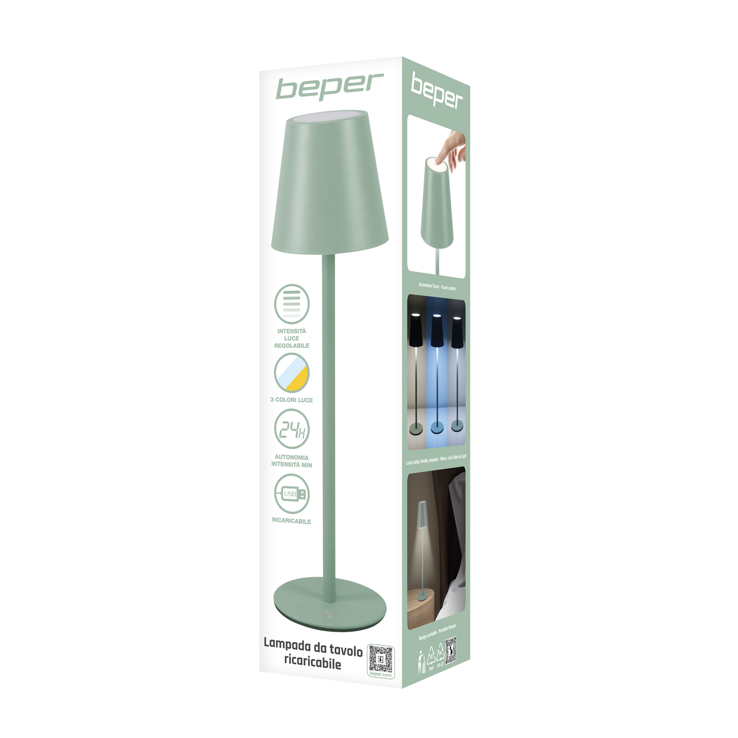 Una lampada da tavolo verde menta con paralume, stelo e base è mostrata su sfondo bianco, la scatola ha il marchio 'beper'.