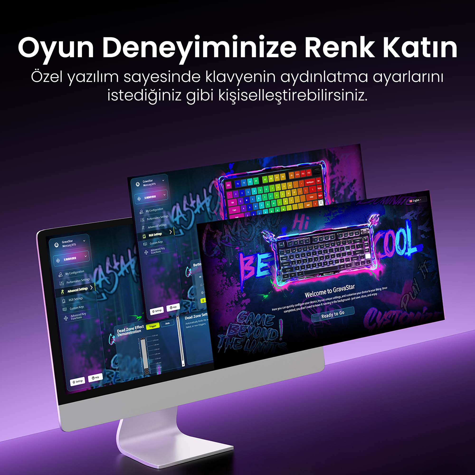 Obraz przedstawia klawiaturę z kolorowymi światłami, ekranami komputerów i motywem gier.