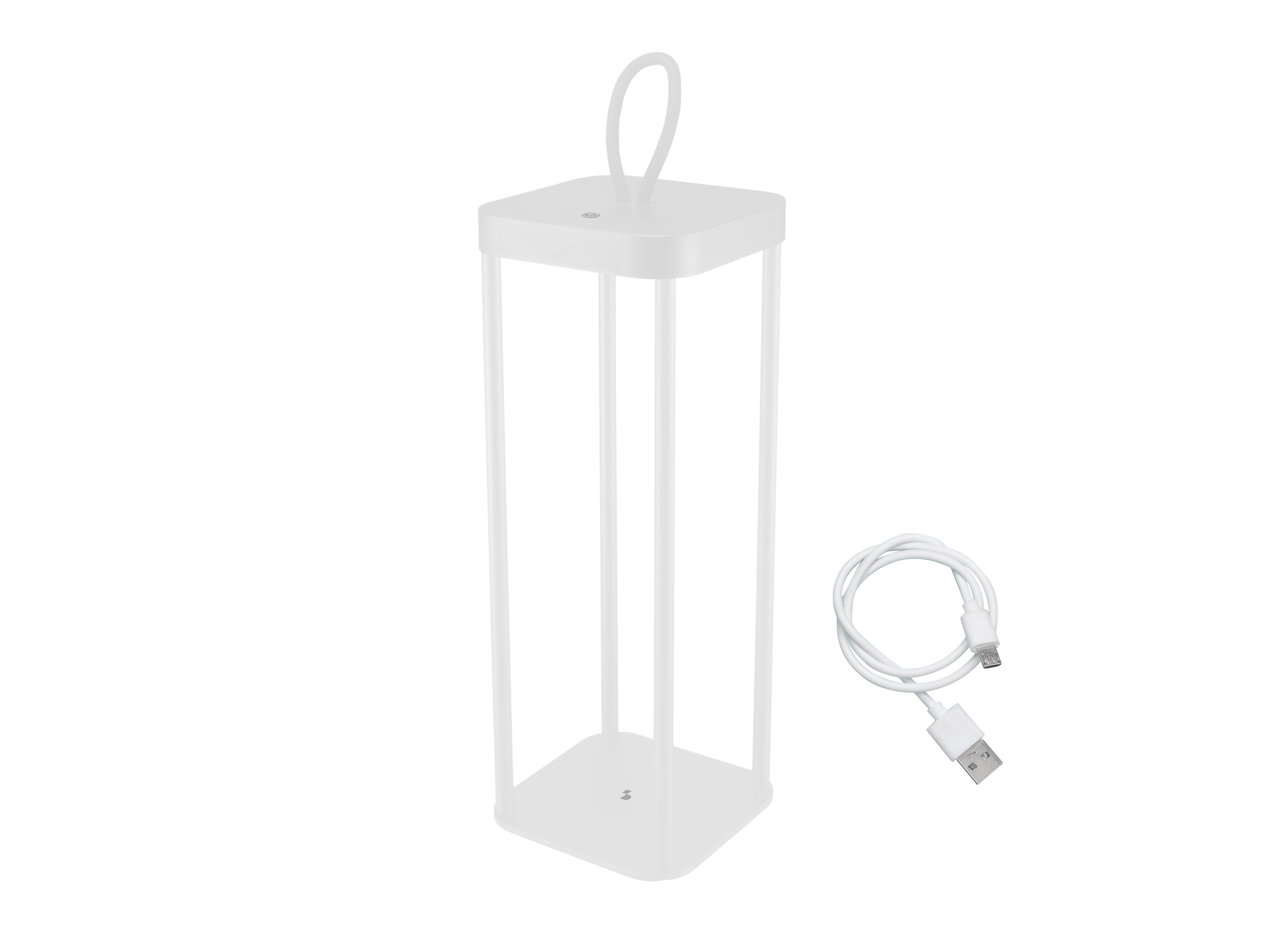 Una lampada bianca con manico e cavo USB bianco su sfondo bianco.