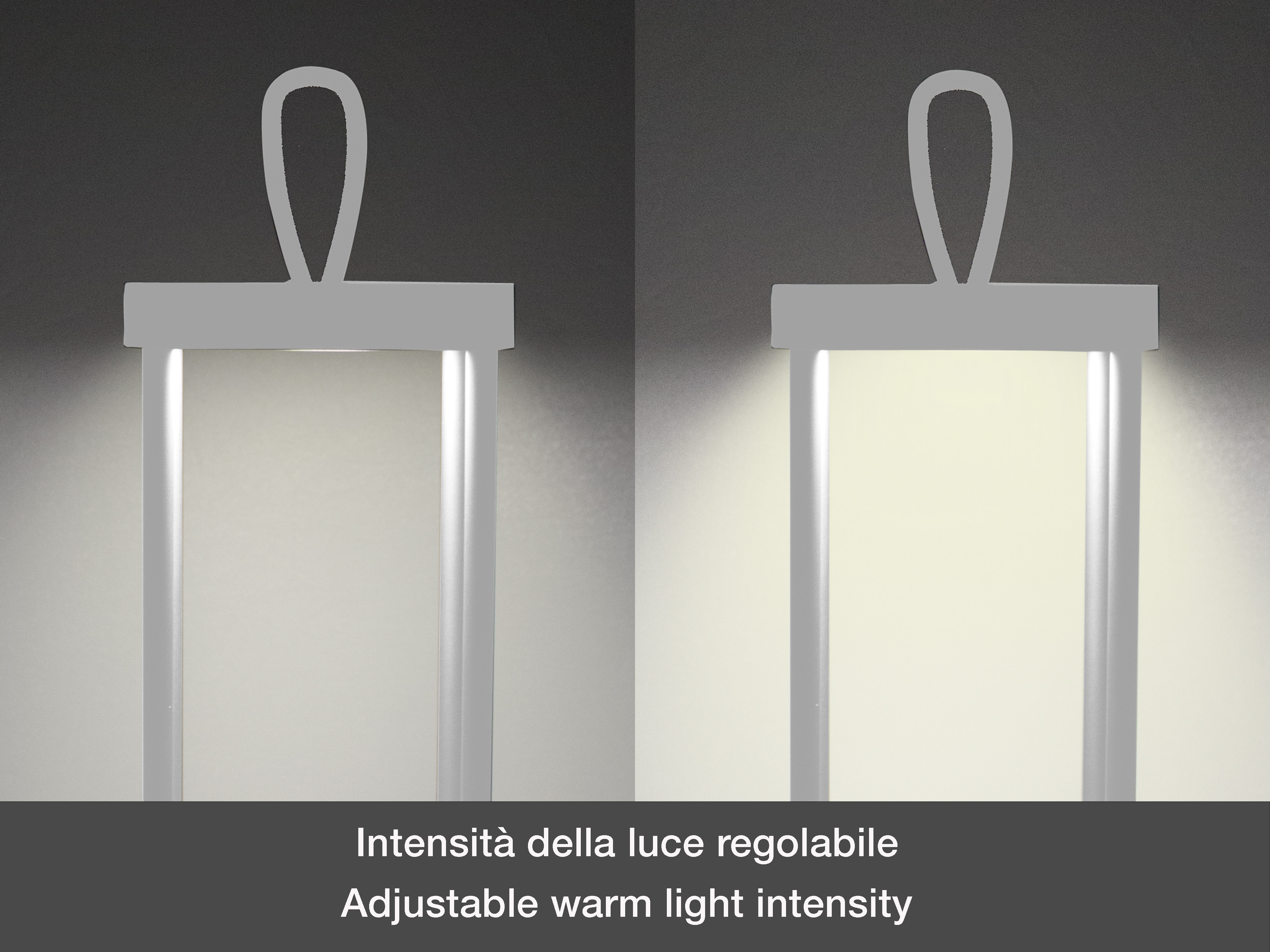 Due lampade verticali con luce regolabile. Il testo indica intensità della luce calda regolabile.