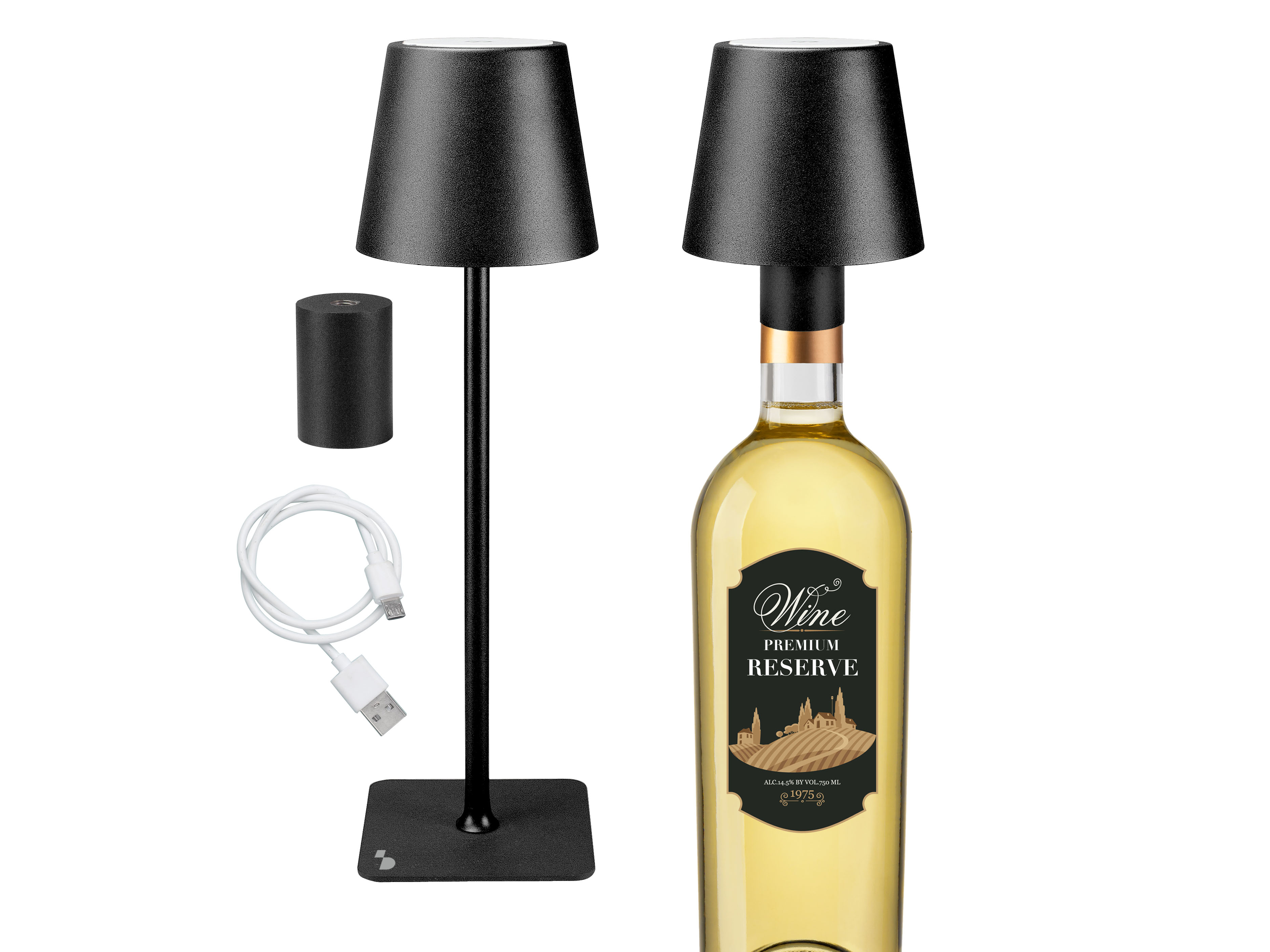Una bottiglia di vino con una lampada da vino e accessori. La bottiglia è al centro. La lampada è a sinistra.
