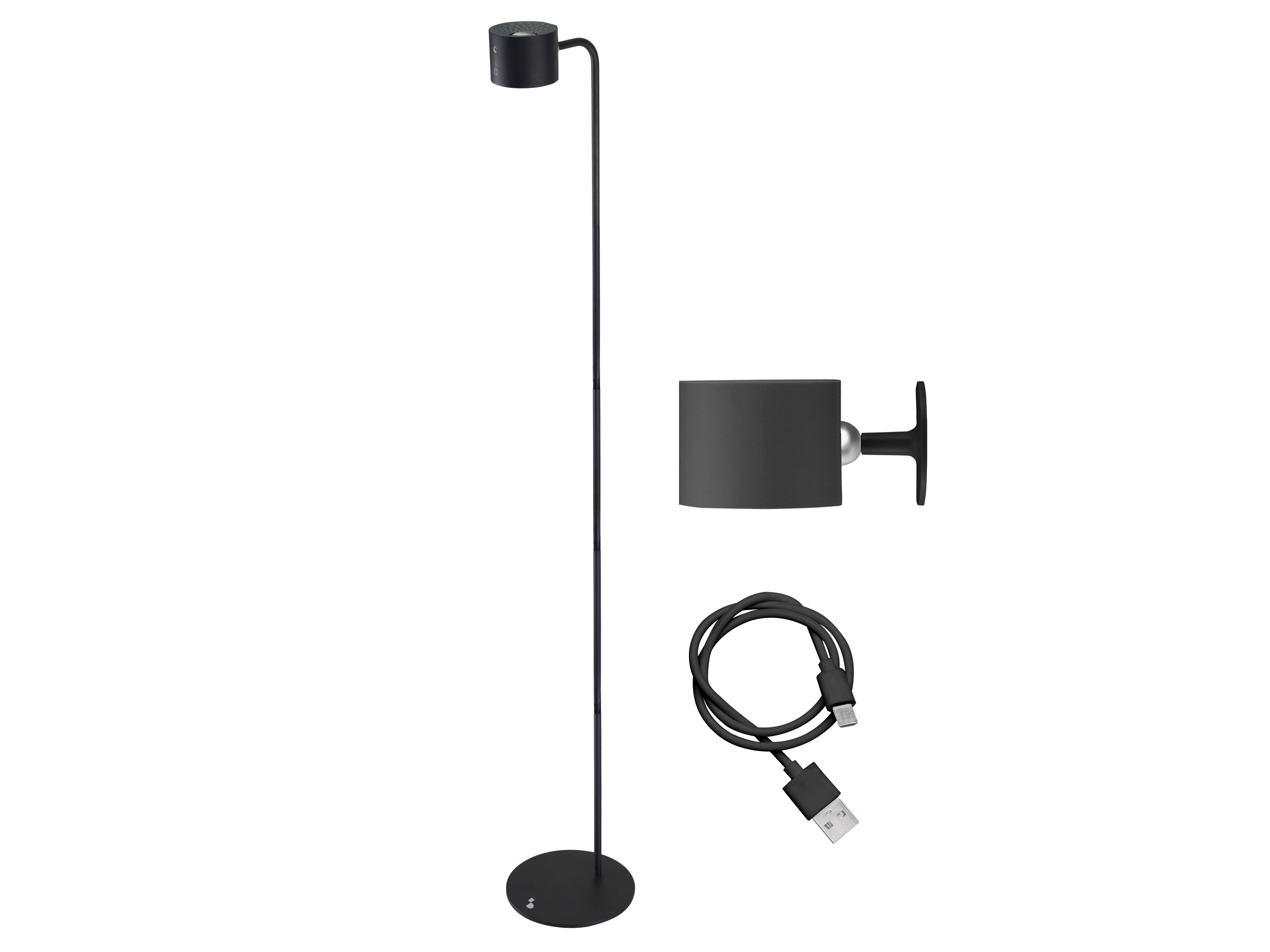 Una lampada da terra nera con testa cilindrica, una lampada da parete e un cavo USB su sfondo bianco.
