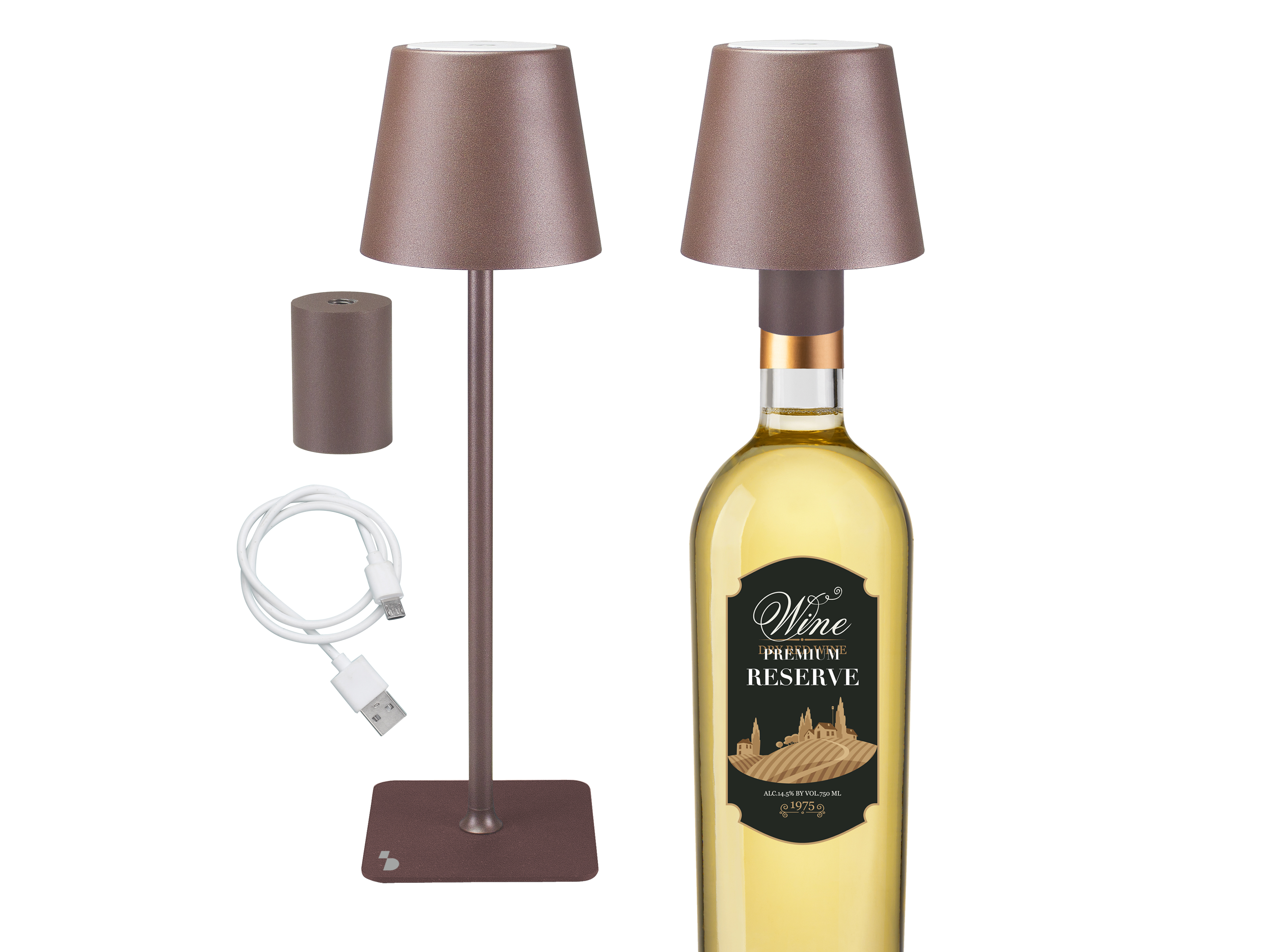 L'immagine mostra una bottiglia di vino e due lampade con paralumi. Sono presenti anche un cavo USB e un cilindro.