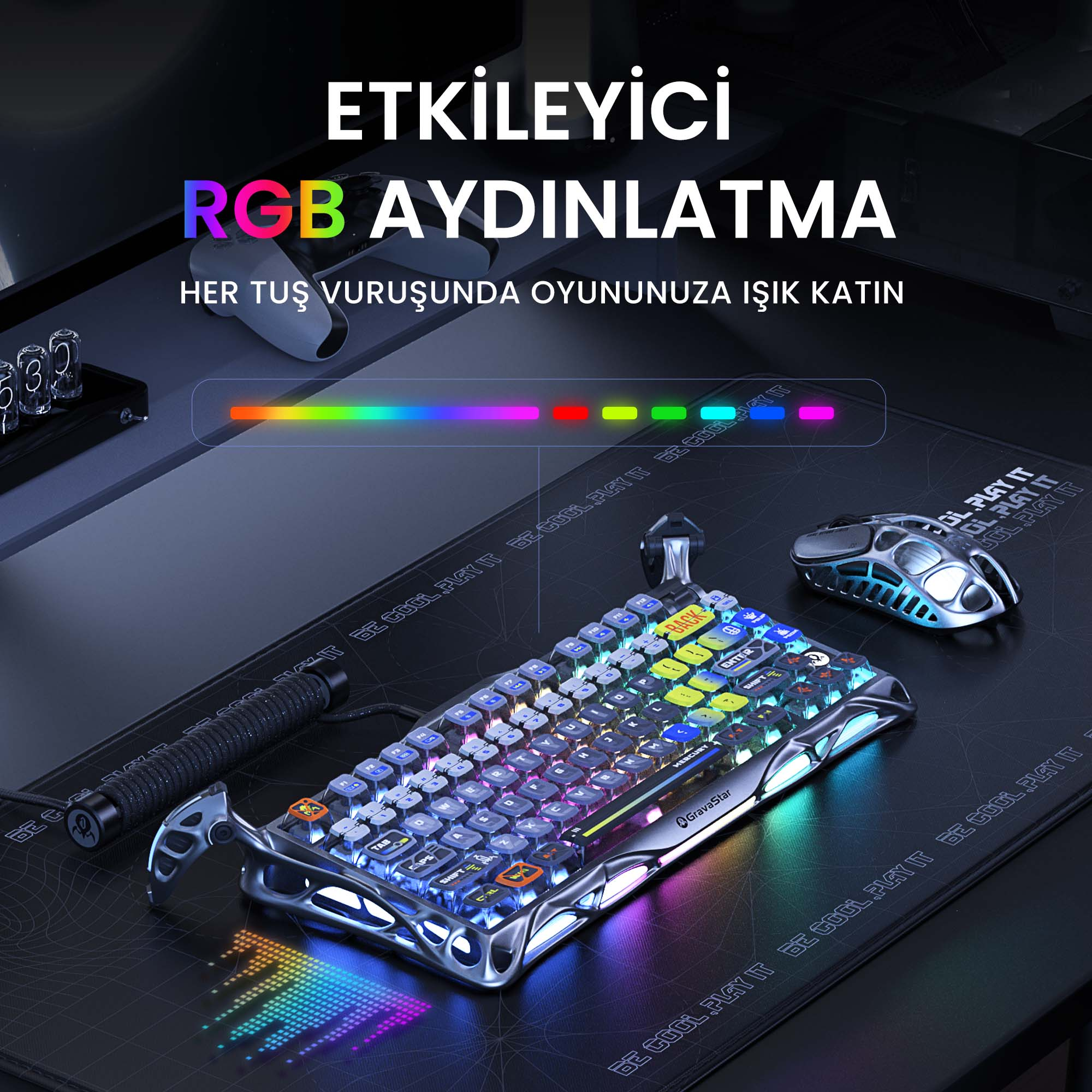 Konfiguracja do gier z klawiaturą, myszą i podkładką. Klawiatura ma światła RGB. Tło to ciemne biurko.