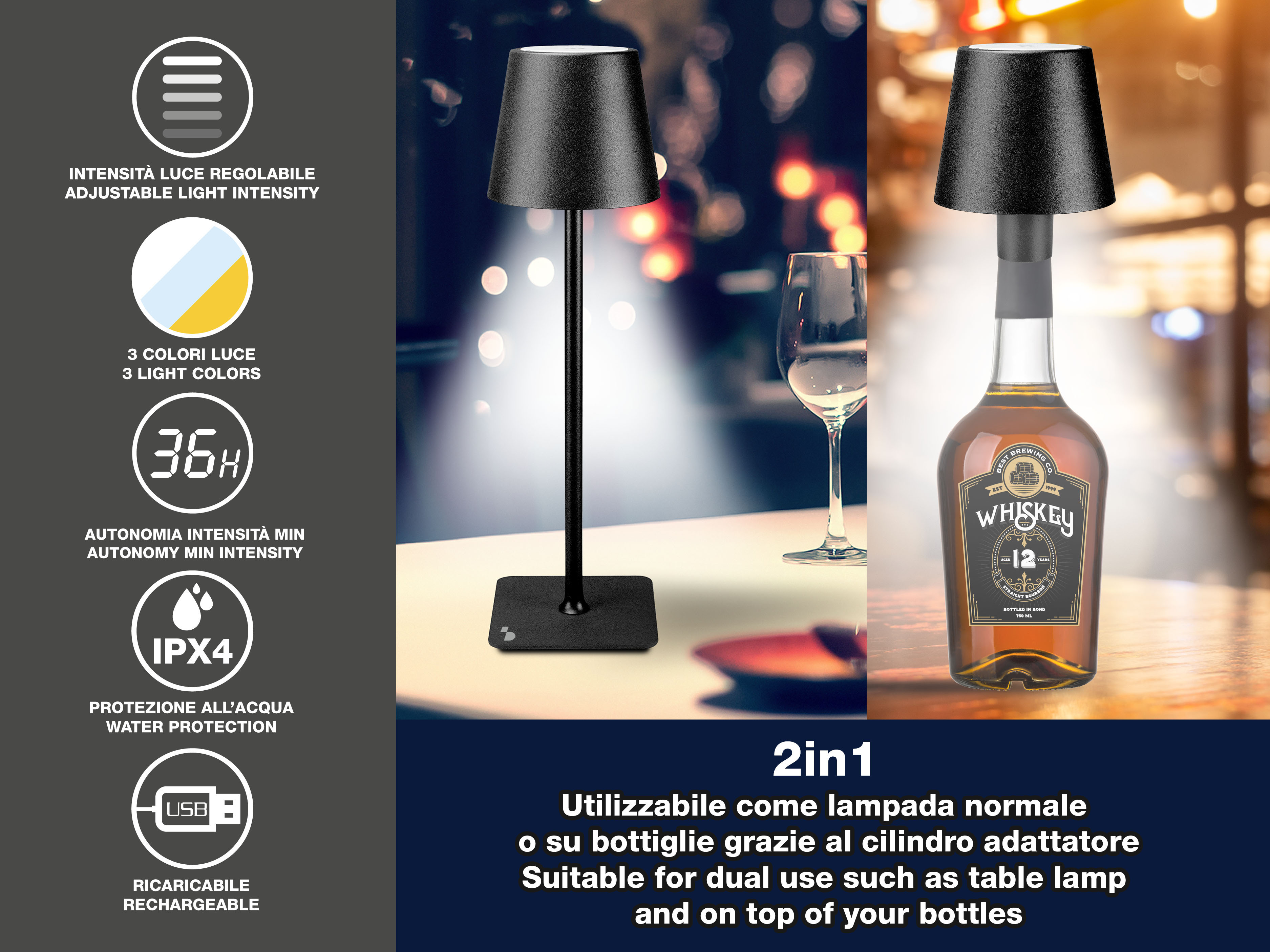 Una lampada da tavolo e una bottiglia di whisky. La lampada ha paralume, base e stelo neri. La bottiglia di whisky ha un'etichetta nera e oro.