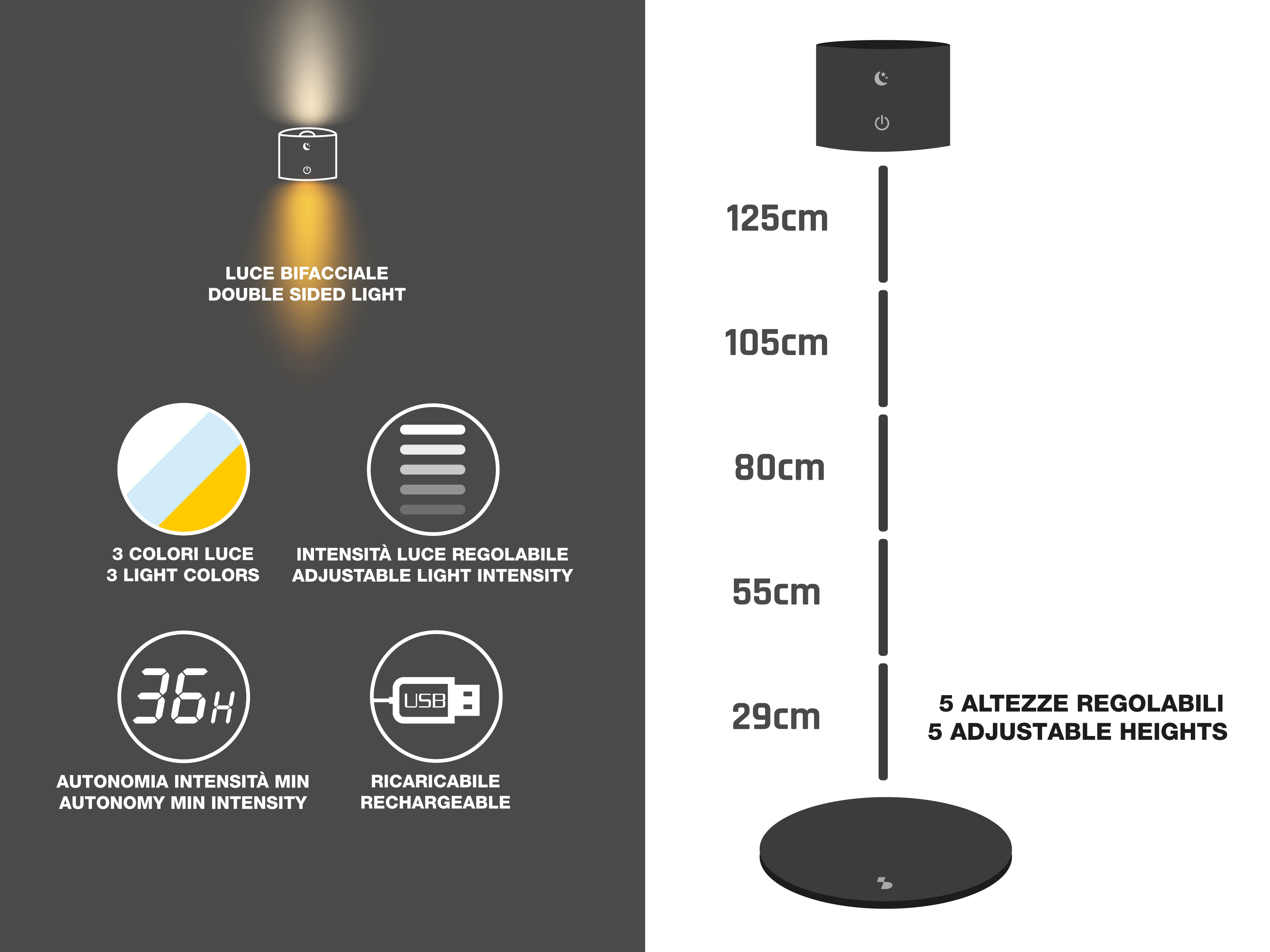Diagramma di una lampada con altezze, colori e intensità della luce regolabili, incluso una porta di ricarica USB.