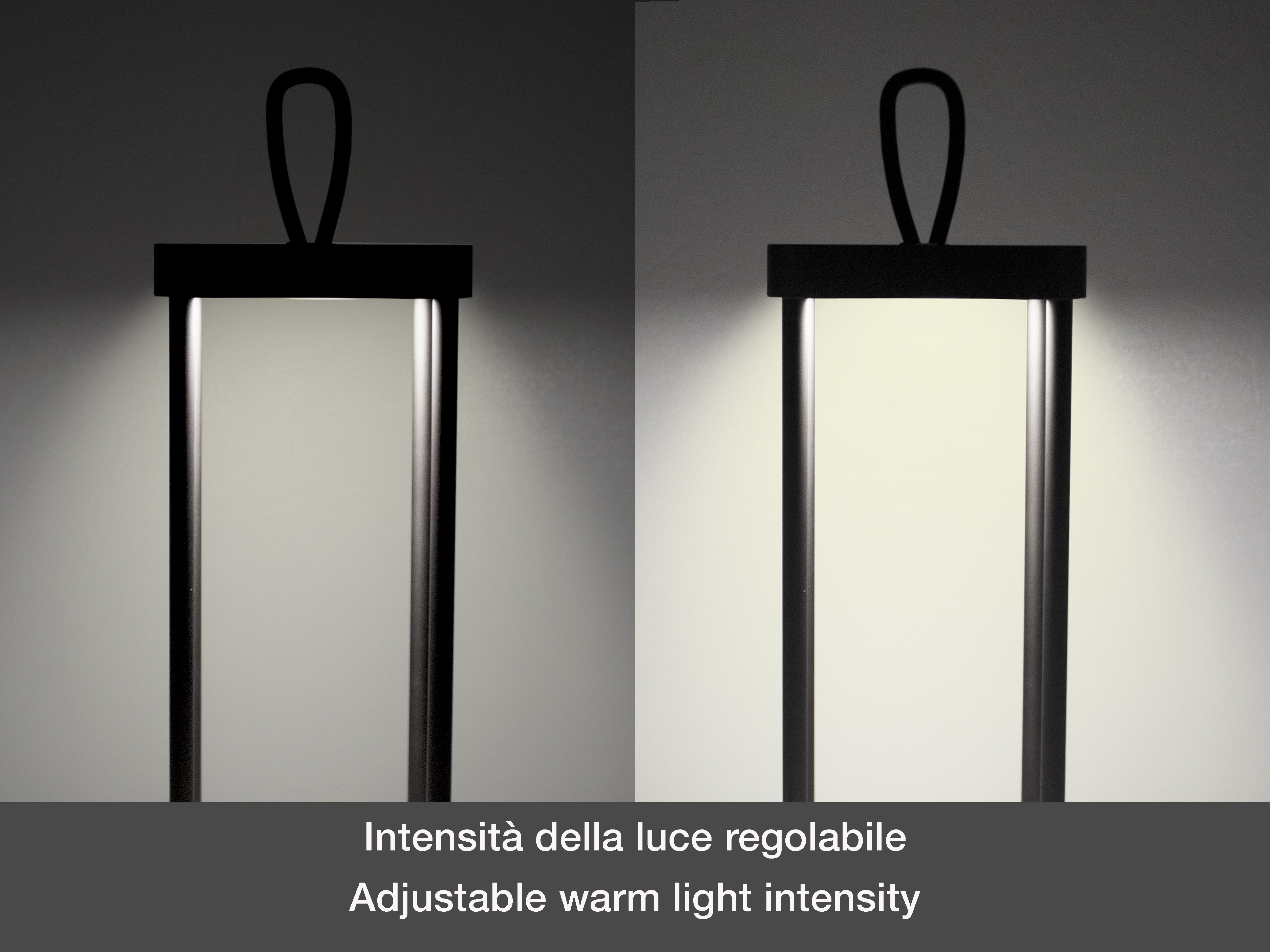 Due lampade nere con intensità luminosa calda regolabile. Lo sfondo è grigio.