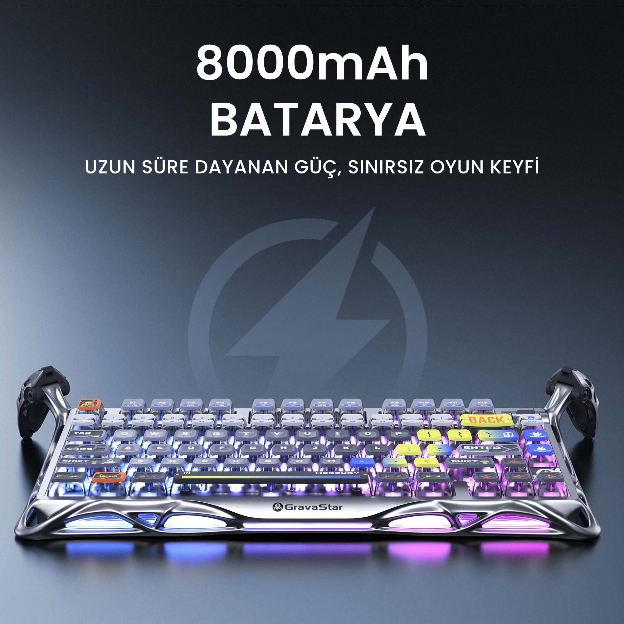 Klawiatura do gier z podświetlanymi klawiszami. Tekst u góry mówi 8000mAh BATARYA. Klawiatura jest srebrna z czarnymi uchwytami.