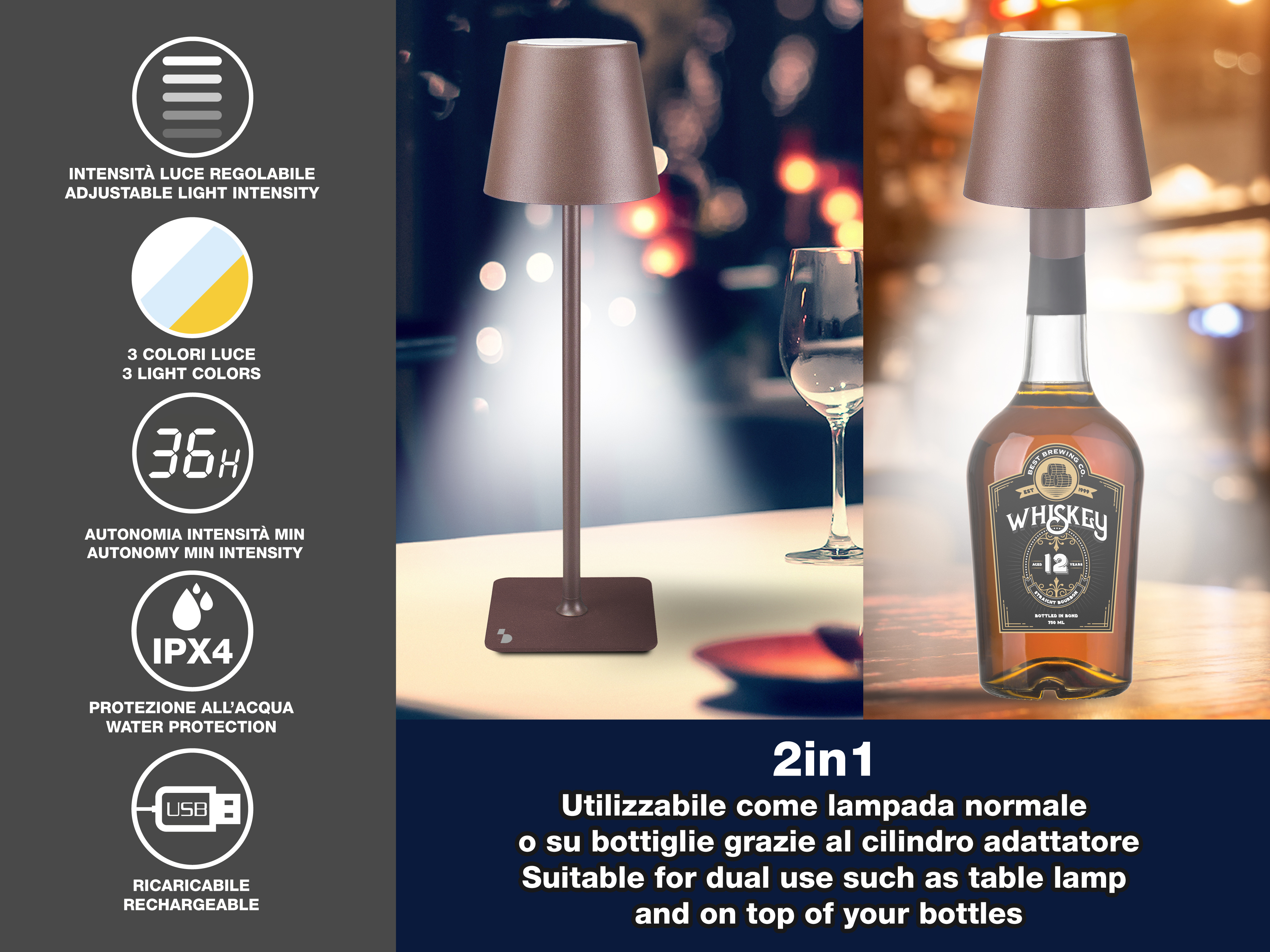 Una lampada da tavolo, con paralume marrone, è accanto a una bottiglia di whisky e un bicchiere da vino.