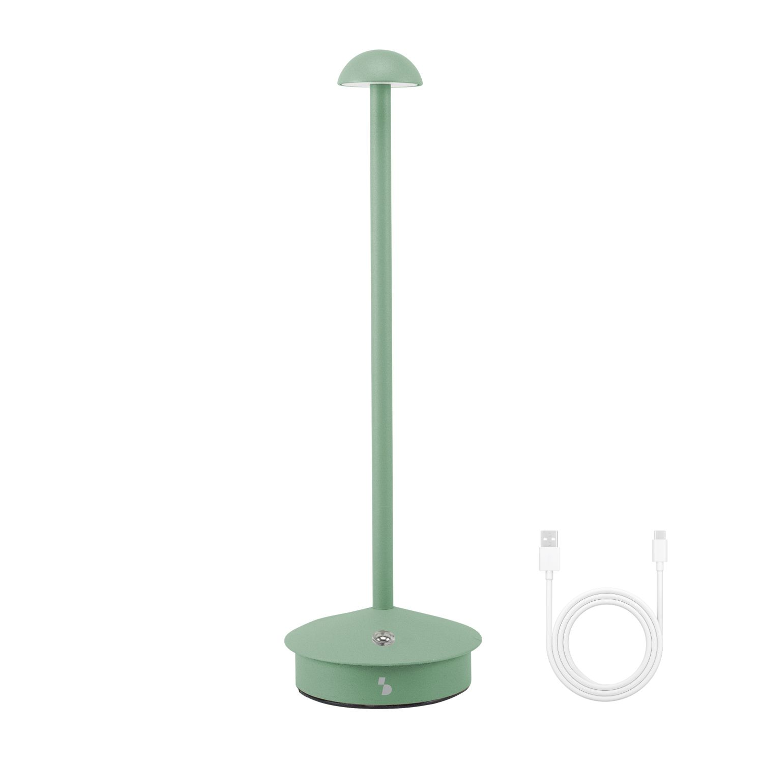 Una lampada da scrivania verde menta con base rotonda, stelo lungo e paralume a semisfera. Un cavo USB bianco è accanto alla lampada.