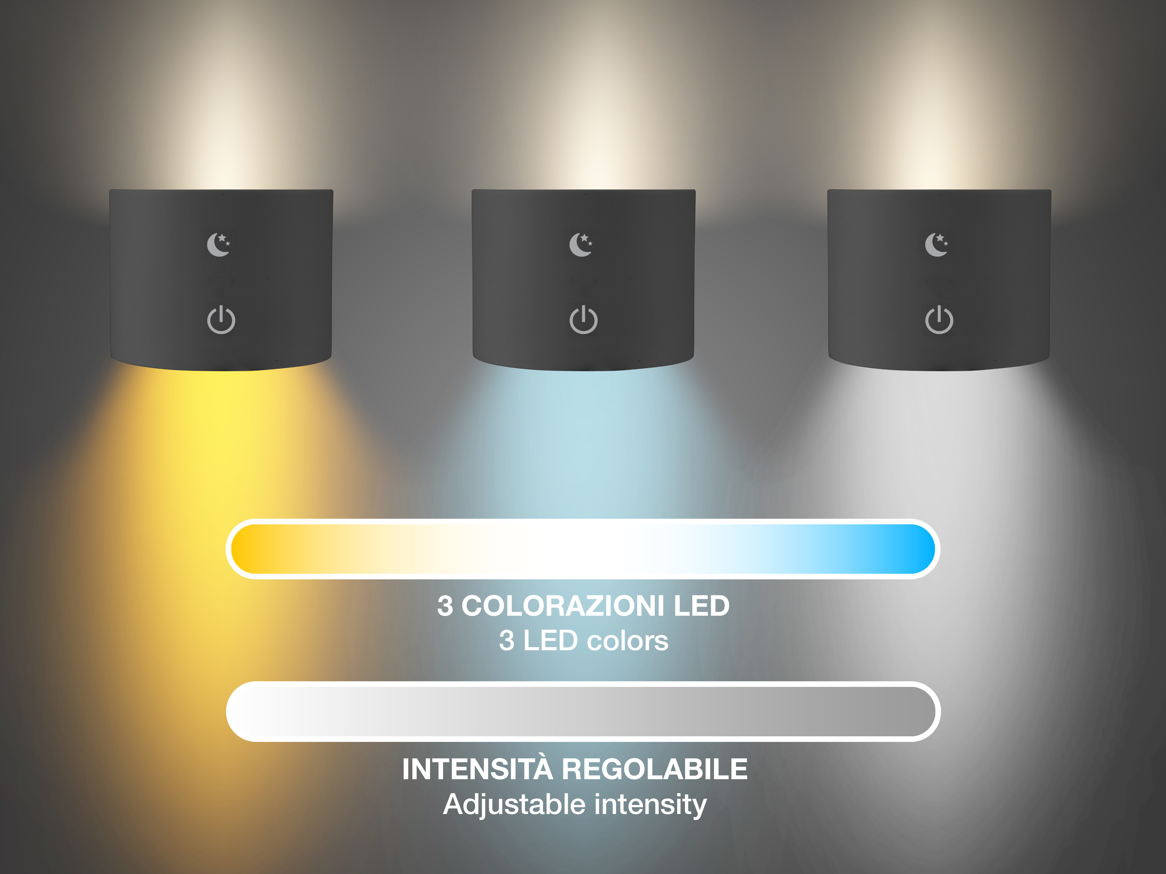 Tre luci da parete con fasci colorati. Il testo indica 3 colori LED e intensità regolabile.