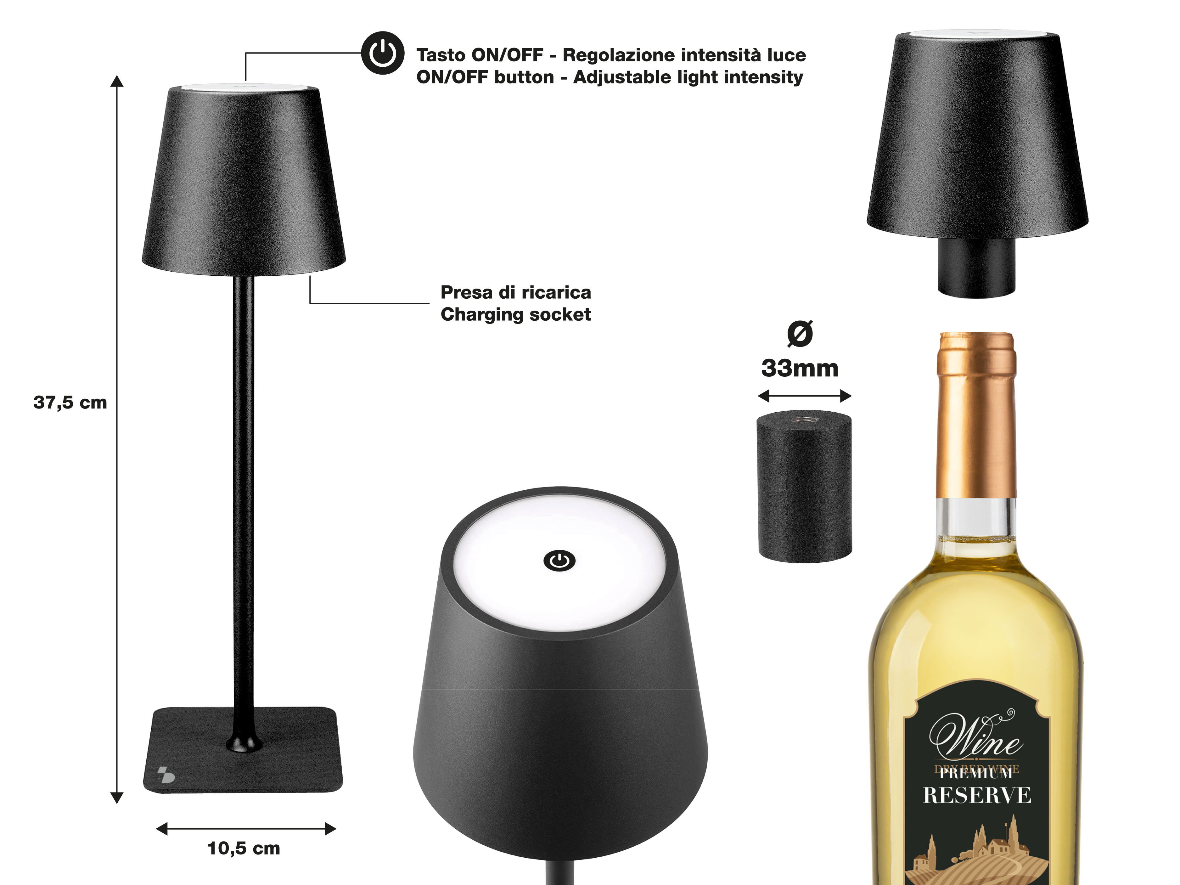 Sono mostrate una lampada nera e una bottiglia di vino. La lampada ha una base, uno stelo e un paralume.