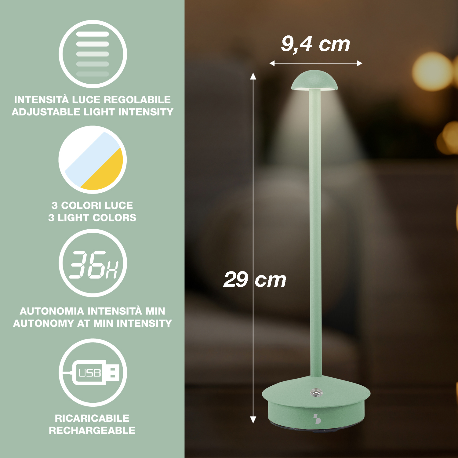 Una lampada da scrivania verde menta è mostrata, con misure e icone che ne illustrano le caratteristiche, come luce regolabile e ricarica USB.