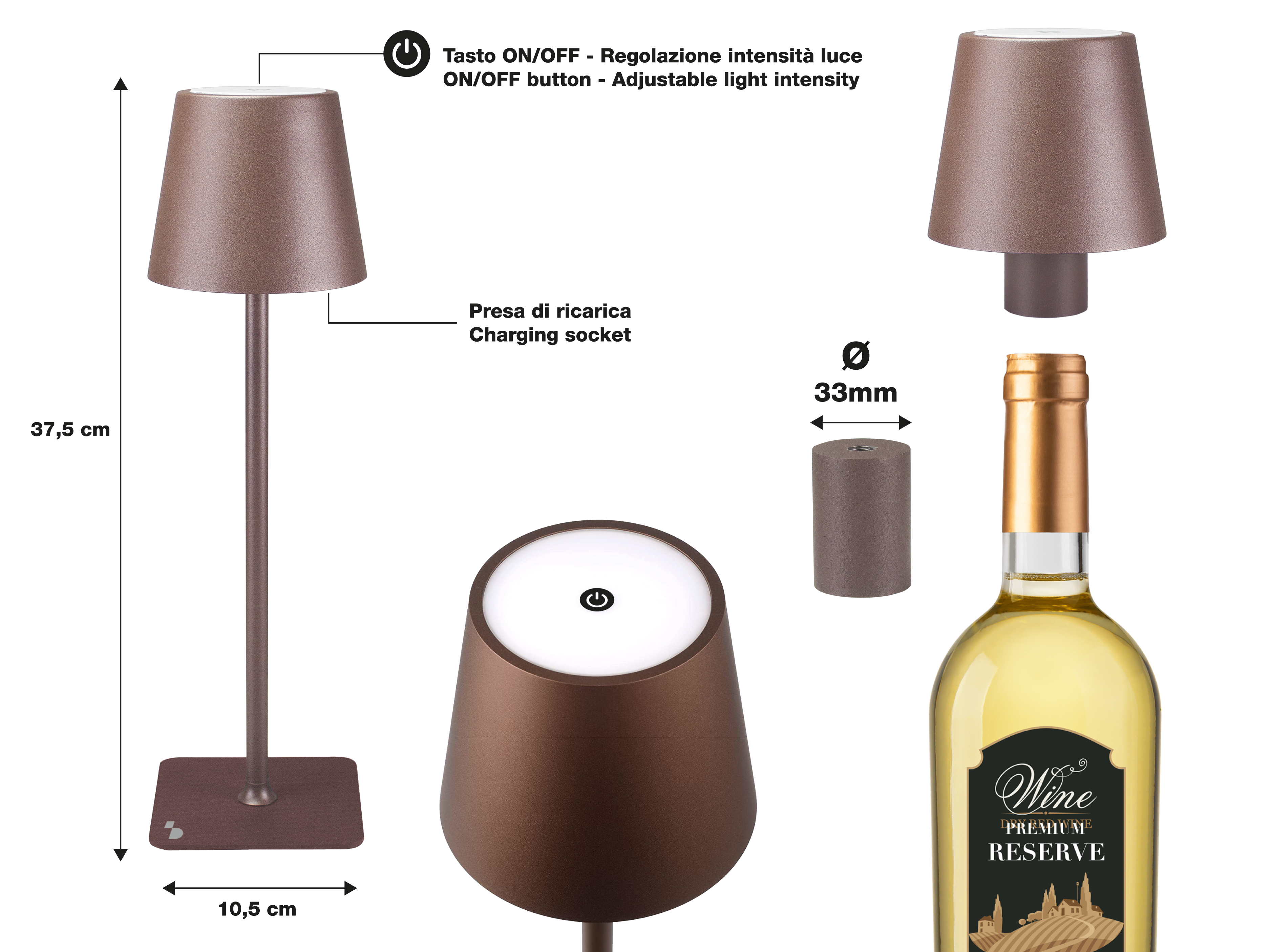 Una lampada marrone con pulsante on/off e presa di ricarica è esposta accanto a una bottiglia di vino.