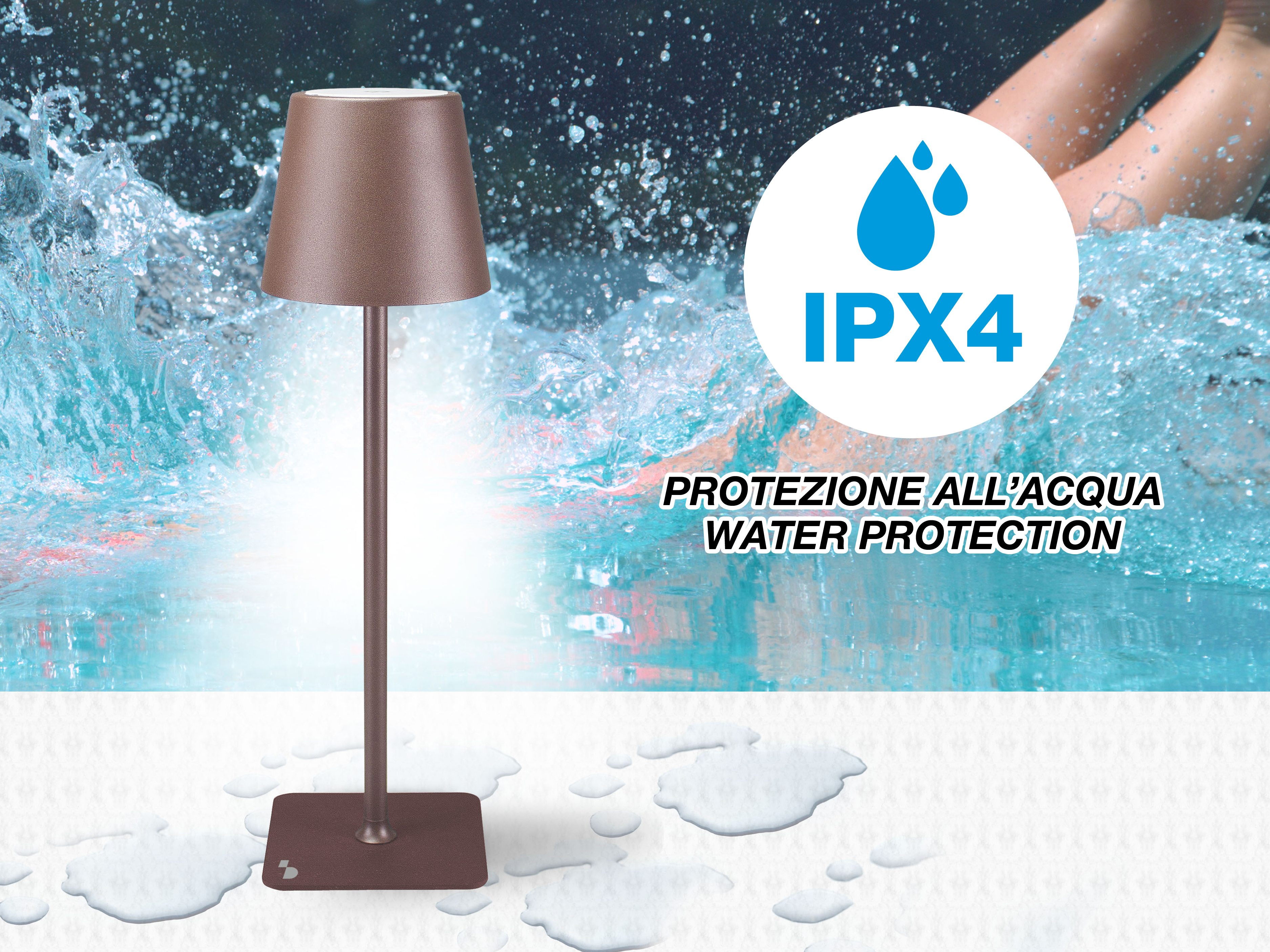 Una lampada marrone su superficie bianca con gocce d'acqua. Sfondo con schizzi e logo IPX4.