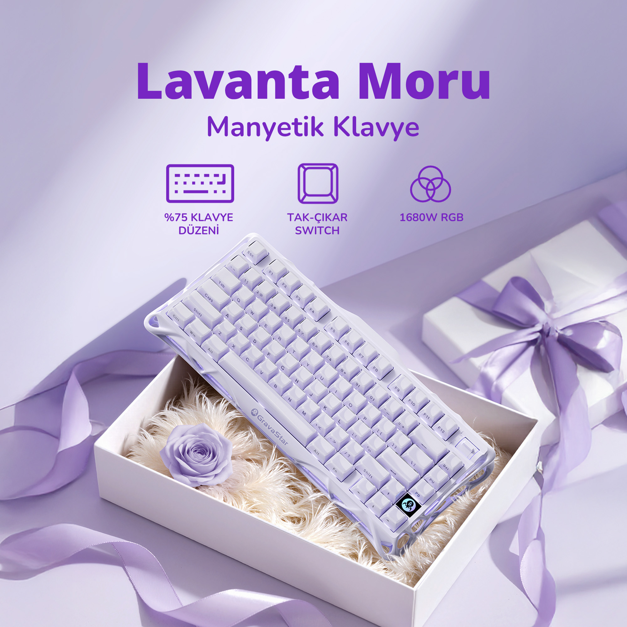 Fioletowa klawiatura w pudełku prezentowym z różą. Tło ma wstążki i białe pudełko prezentowe.