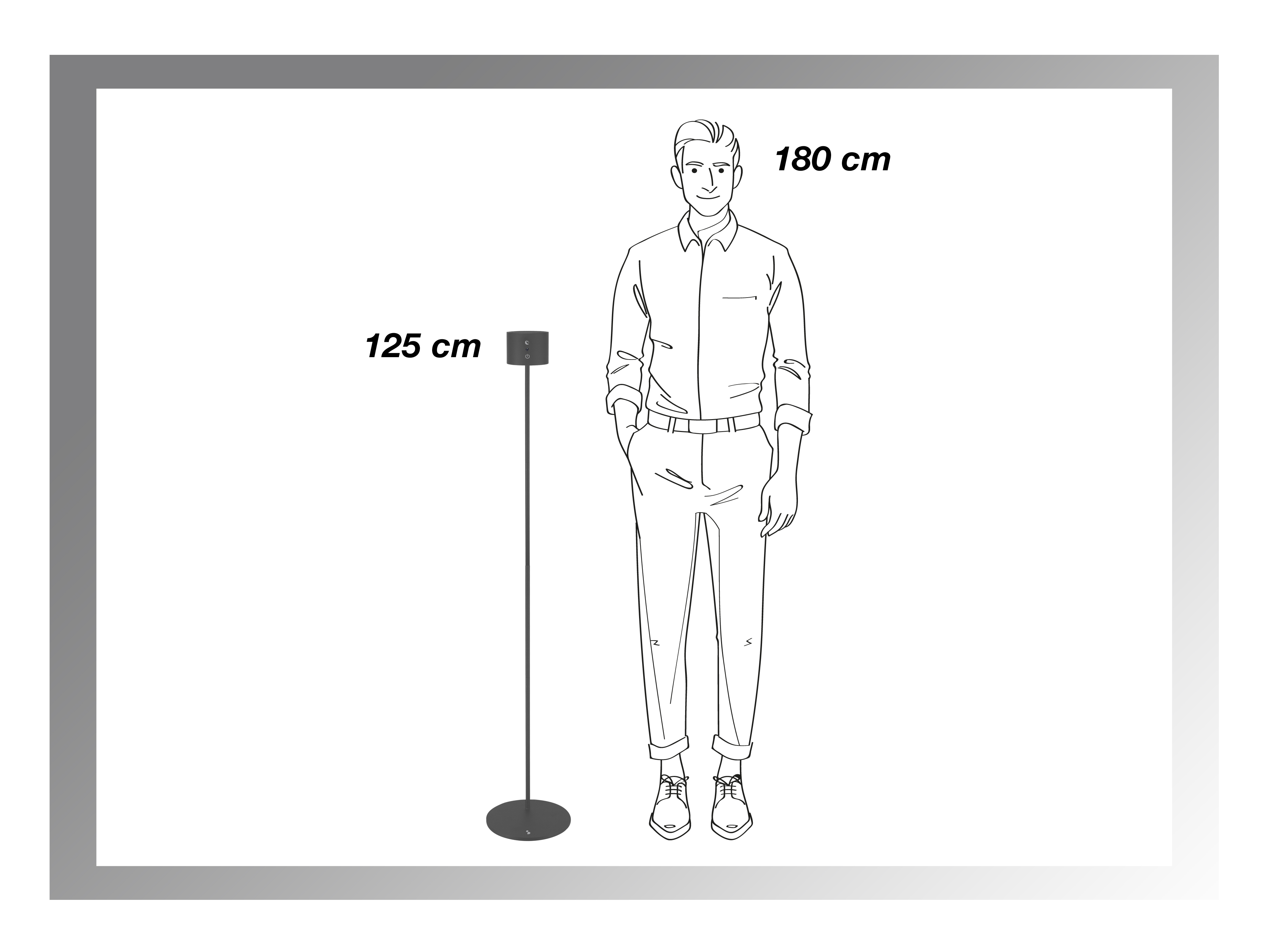 Un uomo è in piedi vicino a una lampada, con misure di 180 cm e 125 cm rispettivamente, delineate in nero su sfondo bianco.