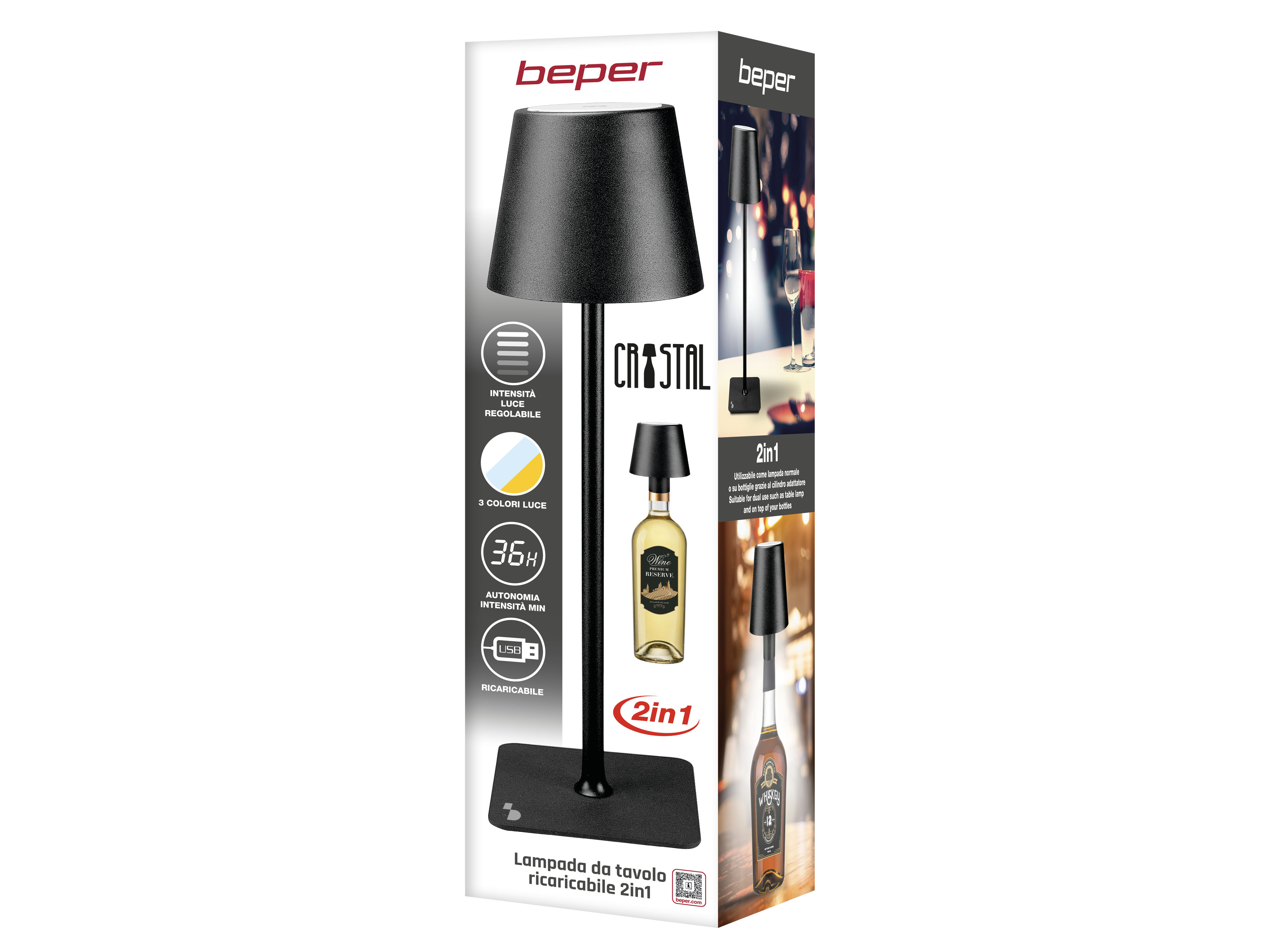 Una scatola con una lampada nera su un supporto e una lampada su una bottiglia di vino. Testo: '2in1', 'beper'.