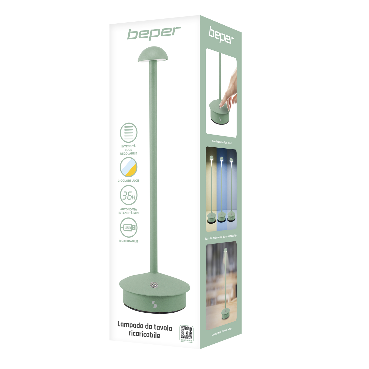 Una lampada da tavolo verde con controllo touch, intensità luminosa regolabile e tre colori di luce, mostrata sulla sua scatola.