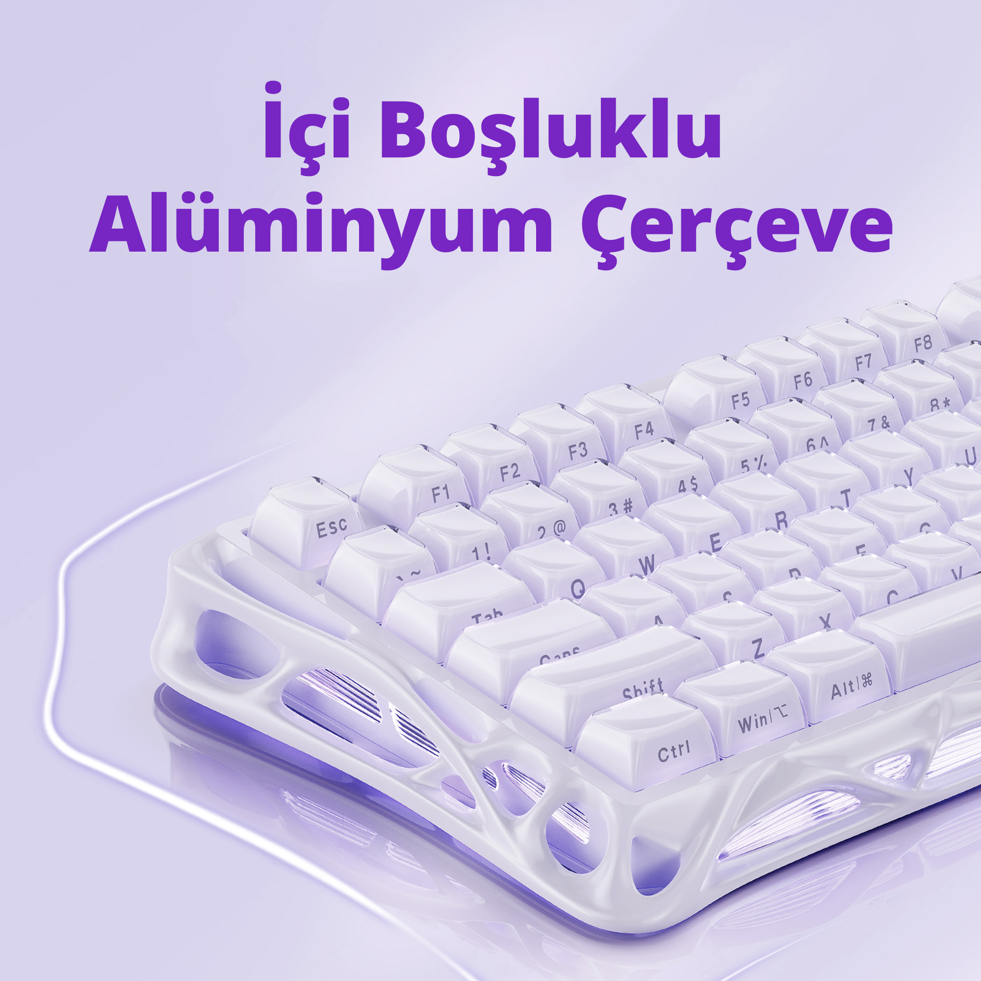 Biała klawiatura z fioletowymi akcentami. Klawisze są białe, a rama ma unikalny, pusty design.