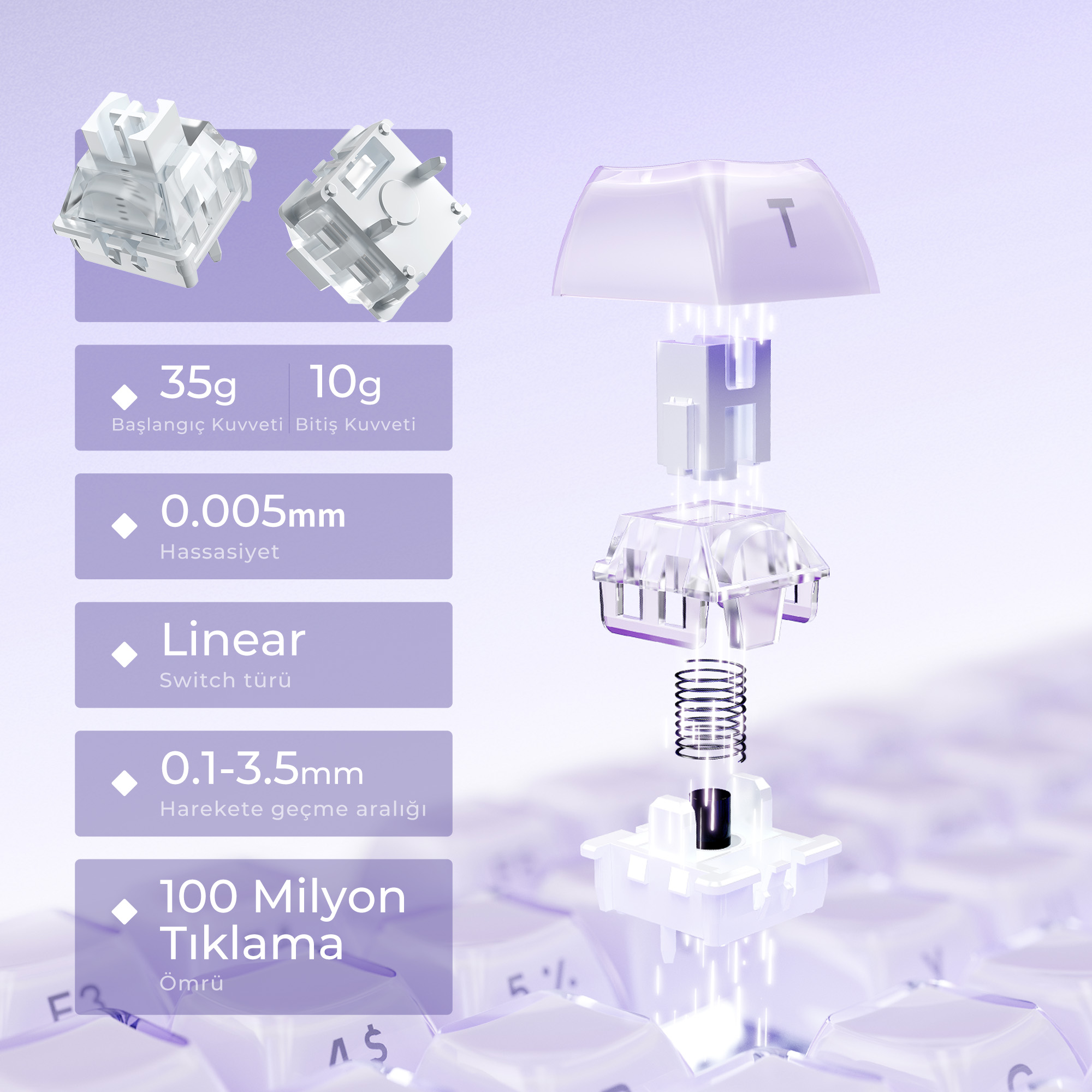 Widok rozstrzelony przełącznika klawiatury. Pokazuje nasadkę klawisza z 'T', komponenty przełącznika i listę specyfikacji.